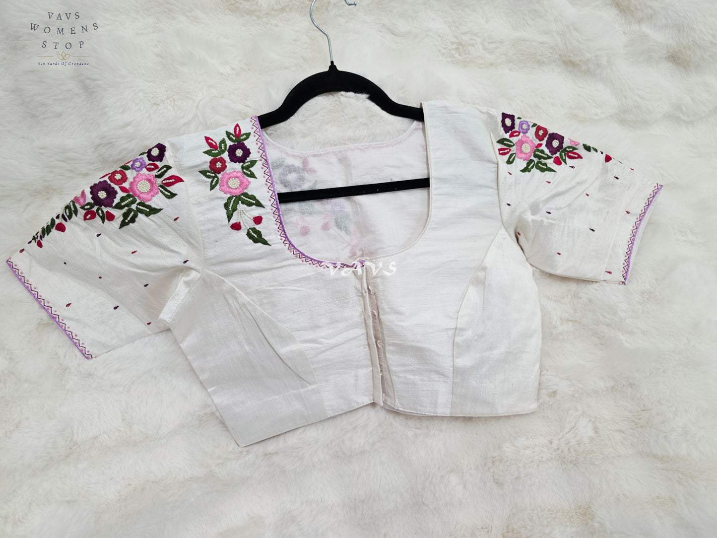 Pearl Ivory Hand Embroidered Floral Maggam Work Saree Blouse | Size 38-44