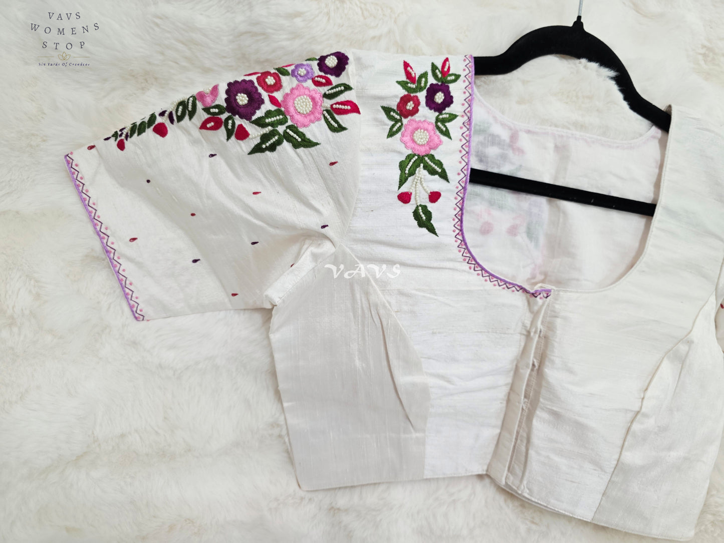 Pearl Ivory Hand Embroidered Floral Maggam Work Saree Blouse | Size 38-44