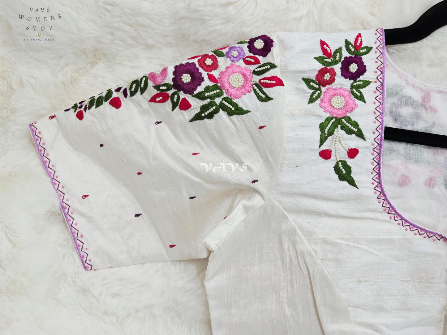 Pearl Ivory Hand Embroidered Floral Maggam Work Saree Blouse | Size 38-44
