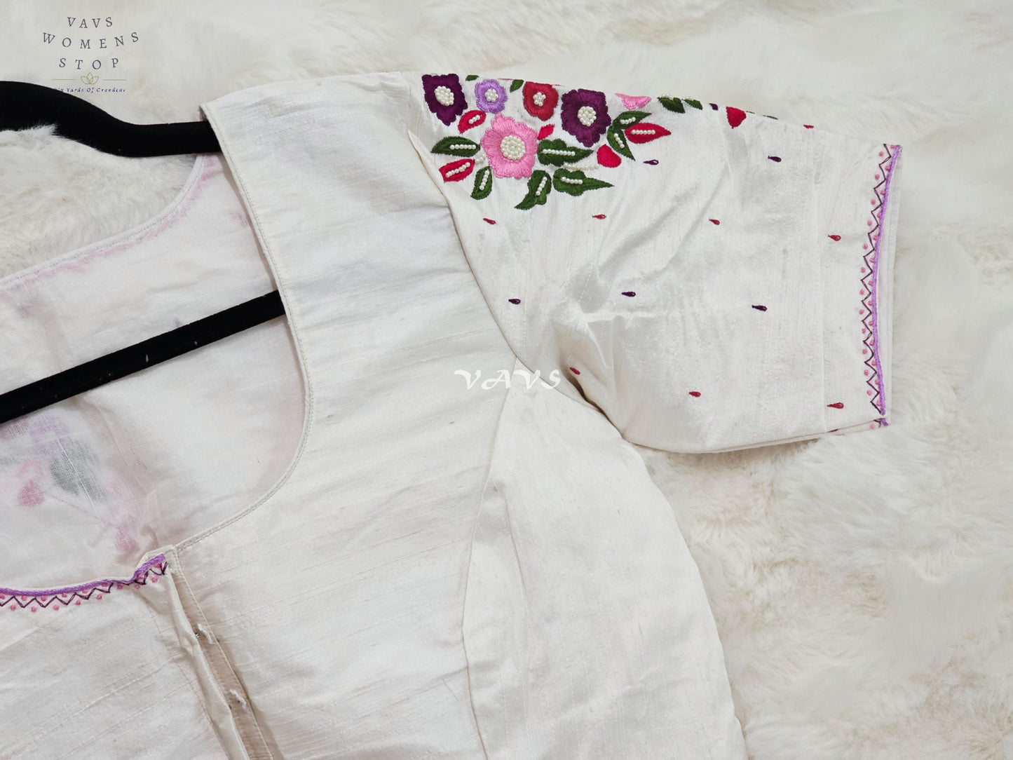 Pearl Ivory Hand Embroidered Floral Maggam Work Saree Blouse | Size 38-44