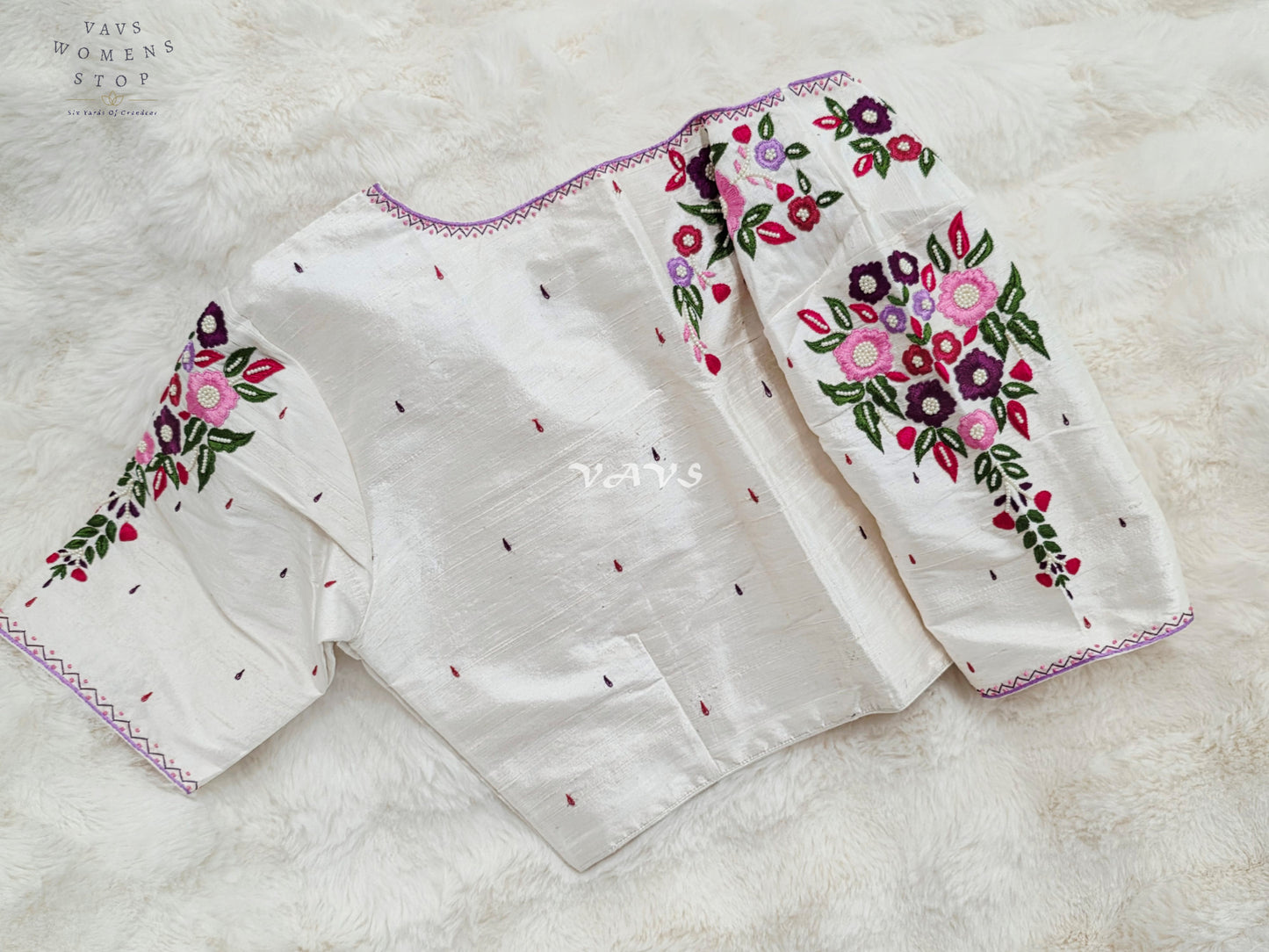 Pearl Ivory Hand Embroidered Floral Maggam Work Saree Blouse | Size 38-44