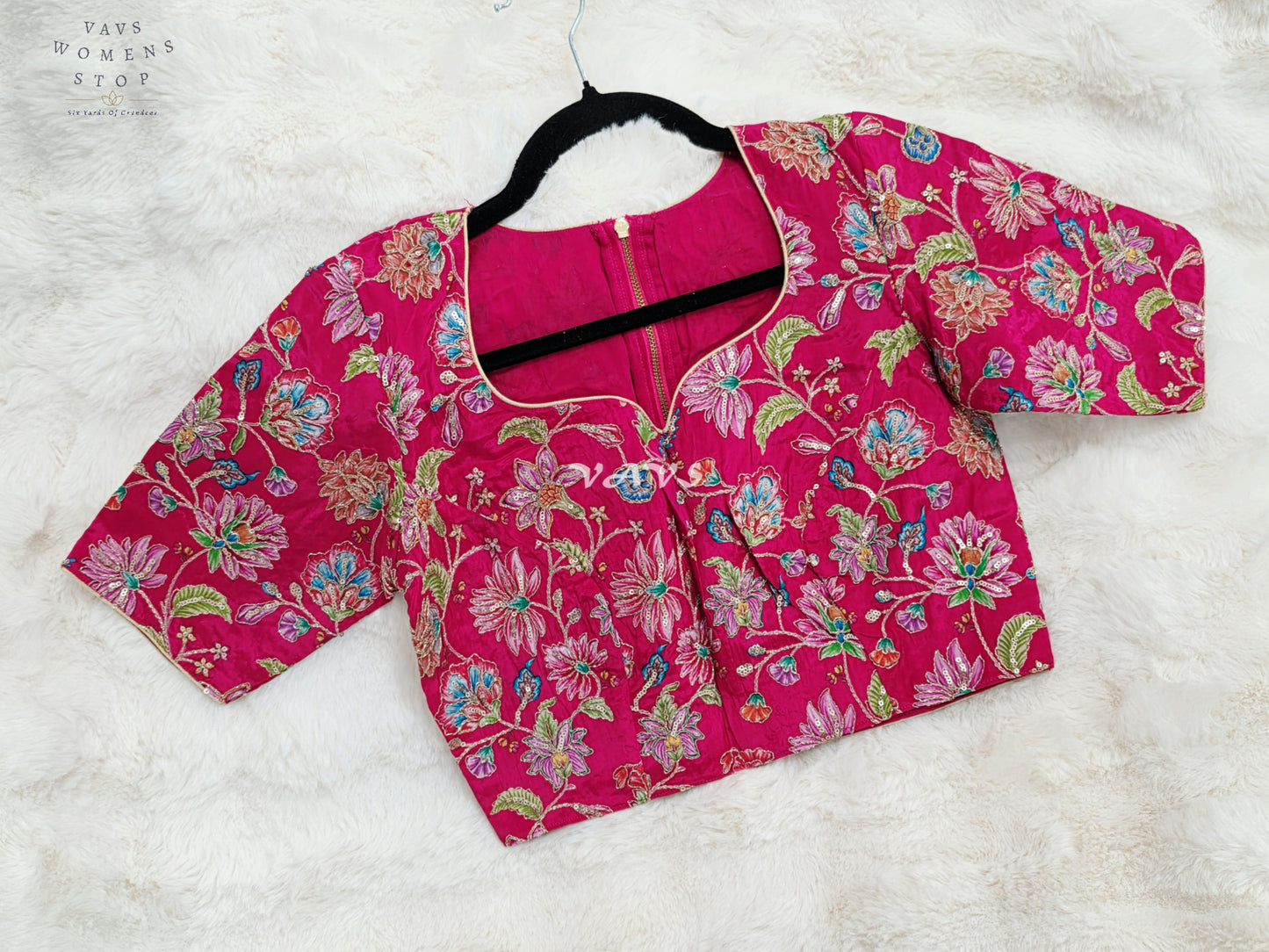Royal Rani Pink Chinon Silk Floral Embroidery Designer Saree Blouse | Size 34-40