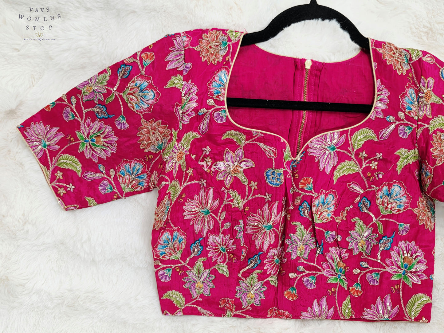 Royal Rani Pink Chinon Silk Floral Embroidery Designer Saree Blouse | Size 34-40