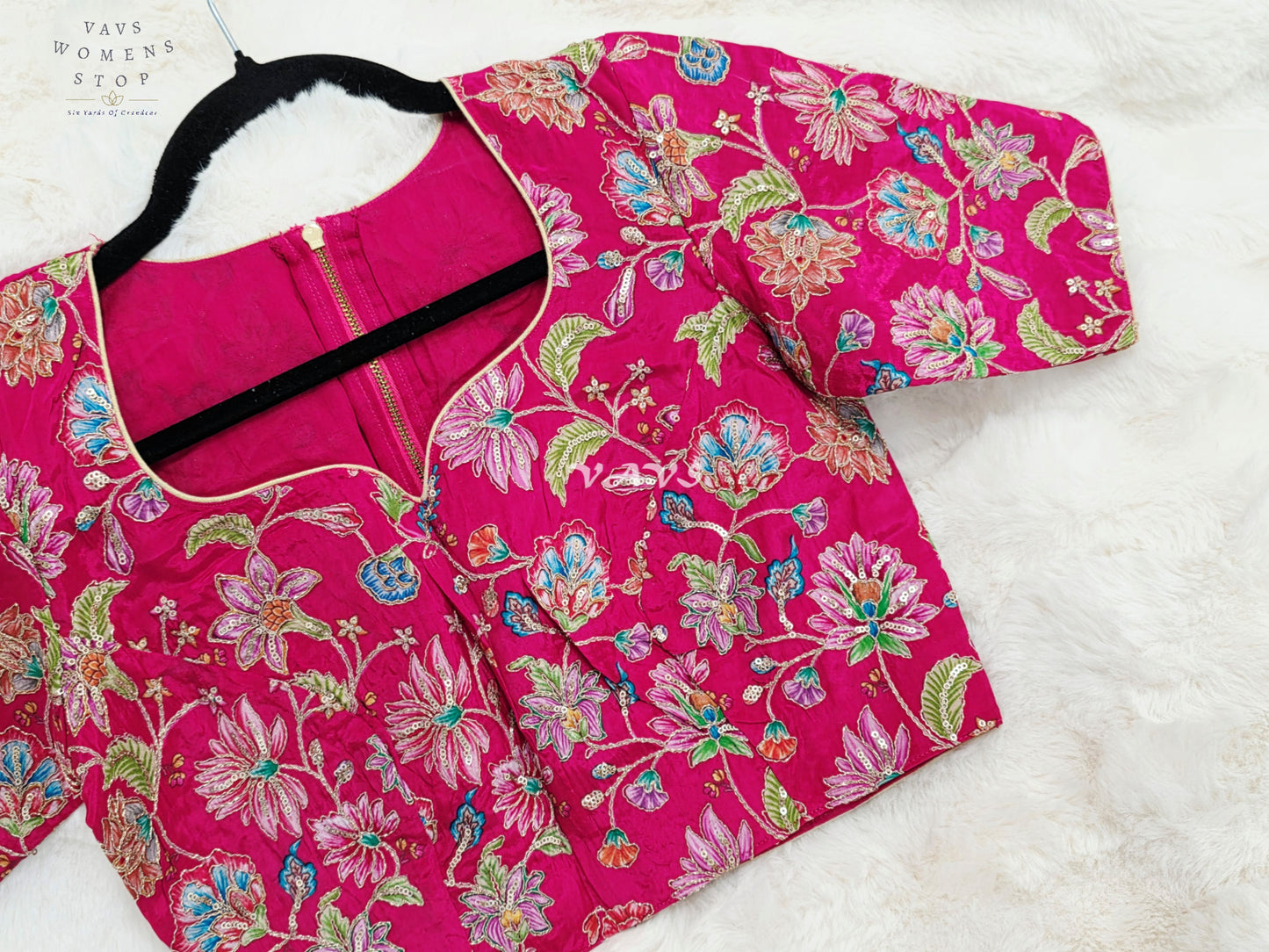 Royal Rani Pink Chinon Silk Floral Embroidery Designer Saree Blouse | Size 34-40
