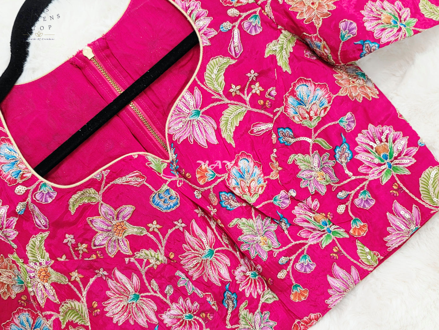 Royal Rani Pink Chinon Silk Floral Embroidery Designer Saree Blouse | Size 34-40