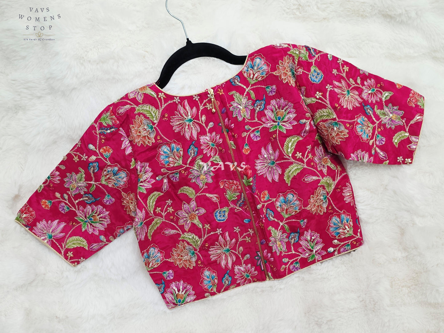 Royal Rani Pink Chinon Silk Floral Embroidery Designer Saree Blouse | Size 34-40