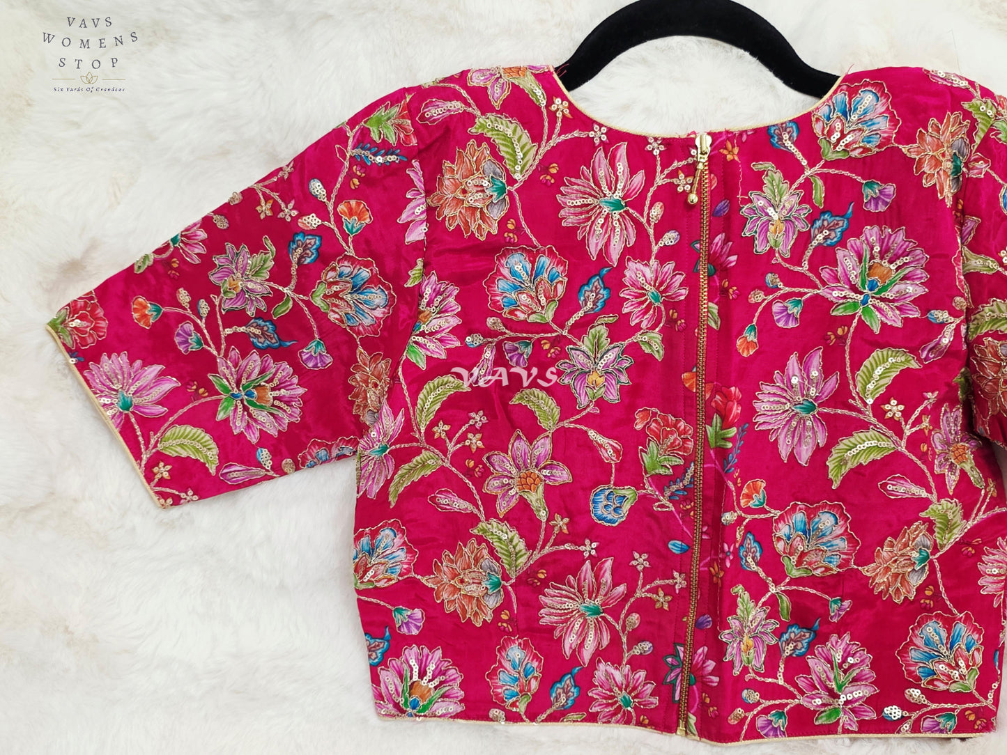 Royal Rani Pink Chinon Silk Floral Embroidery Designer Saree Blouse | Size 34-40
