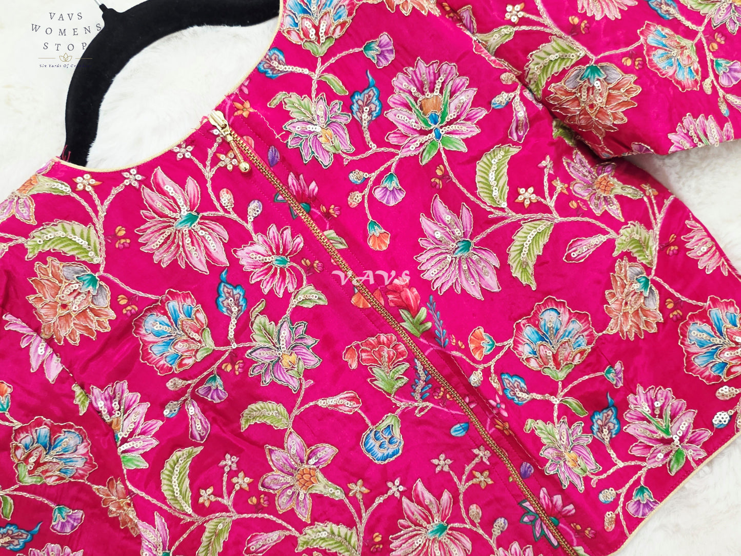 Royal Rani Pink Chinon Silk Floral Embroidery Designer Saree Blouse | Size 34-40
