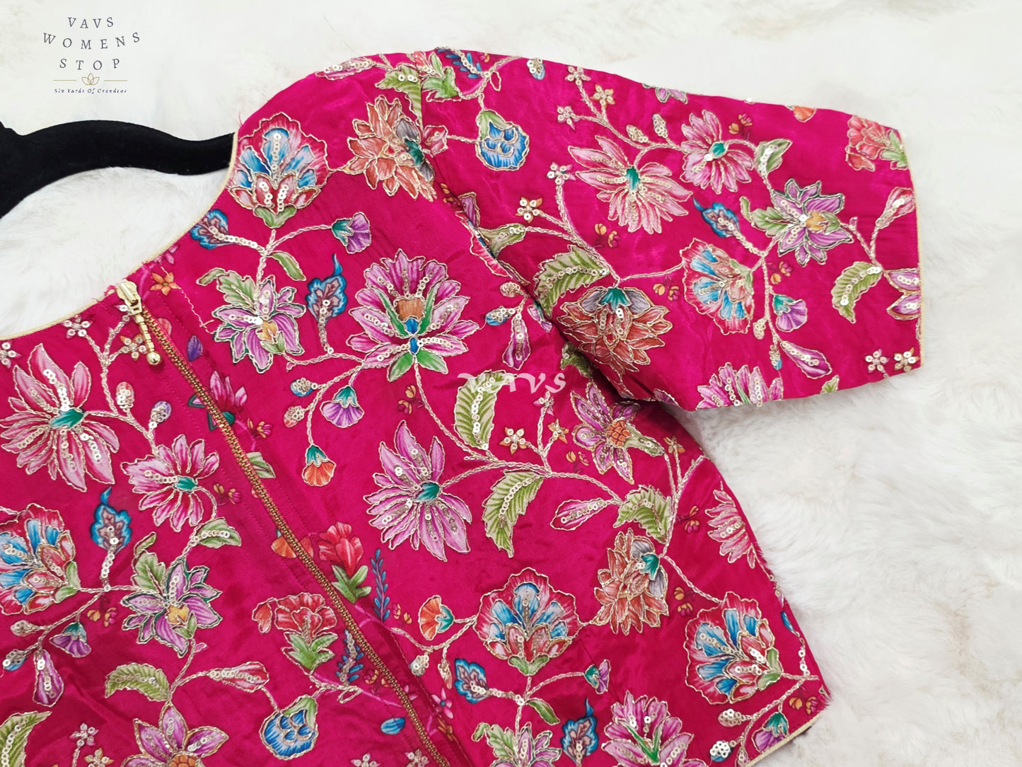 Royal Rani Pink Chinon Silk Floral Embroidery Designer Saree Blouse | Size 34-40