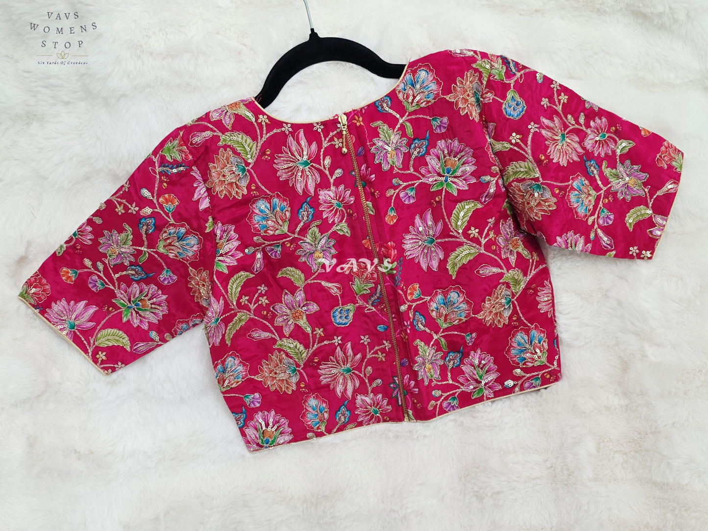 Royal Rani Pink Chinon Silk Floral Embroidery Designer Saree Blouse | Size 34-40