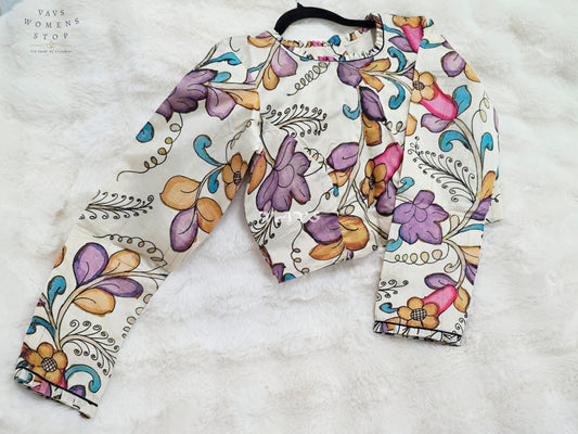 Heritage Pearl Ivory Kalamkari Floral Tussar Silk Full Sleeve Saree Blouse | Size 38-44