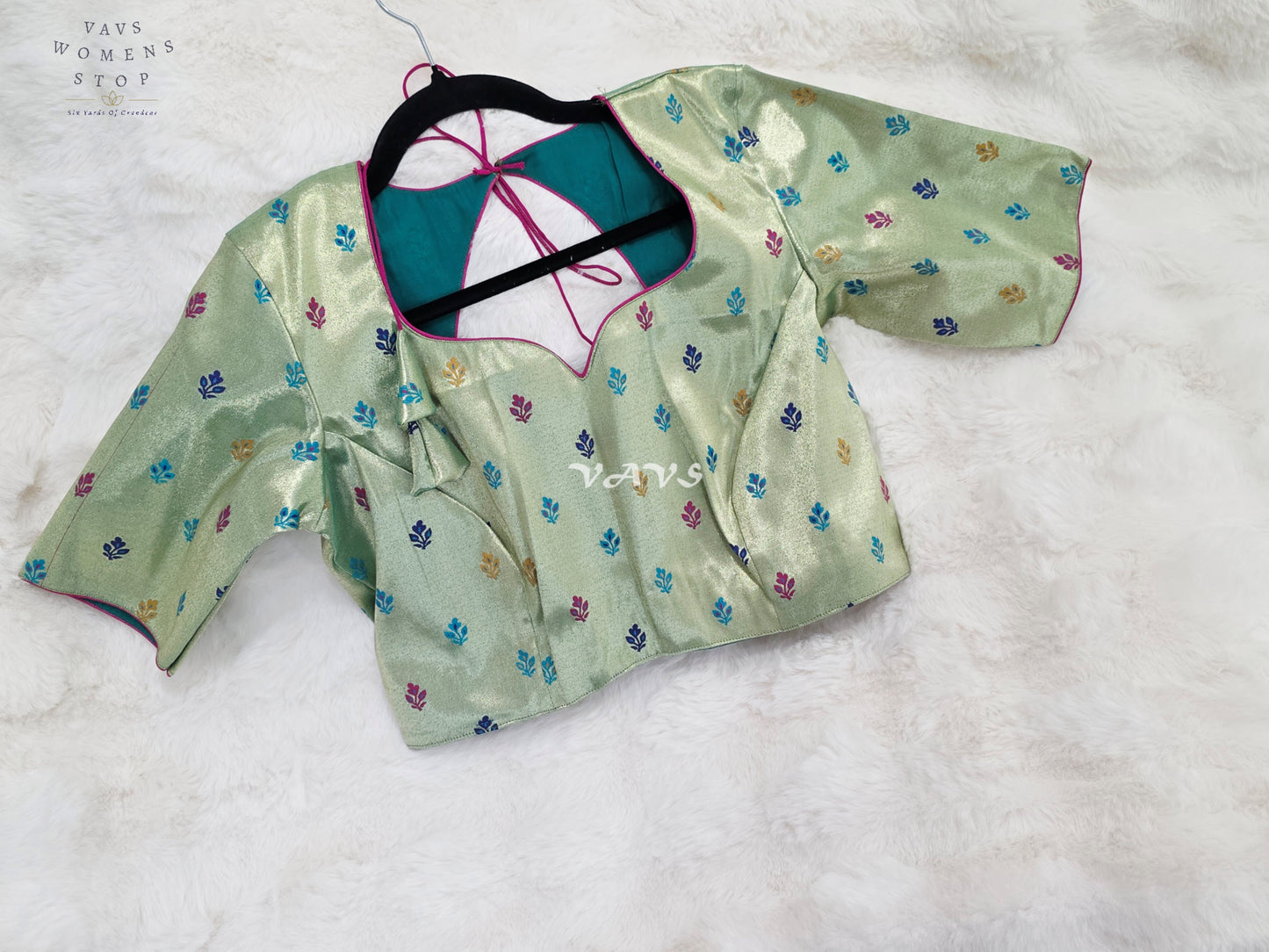 Royal Pistachio Mint Green Tissue Paithani Designer Blouse with Multicolor Buttas