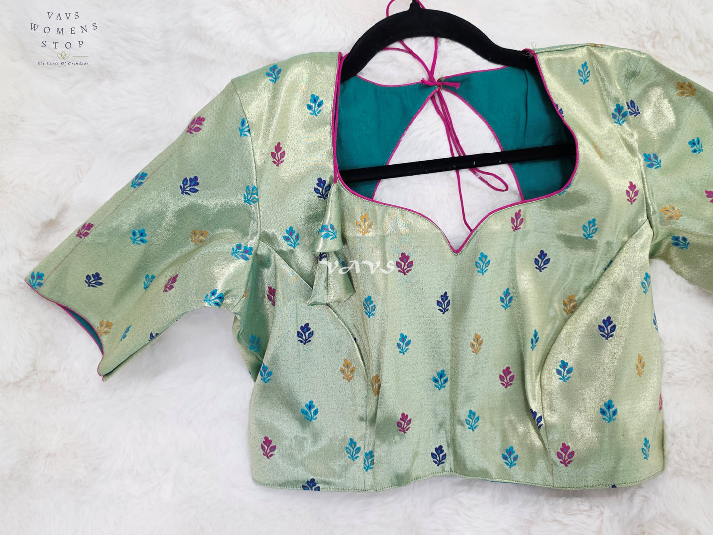 Royal Pistachio Mint Green Tissue Paithani Designer Blouse with Multicolor Buttas