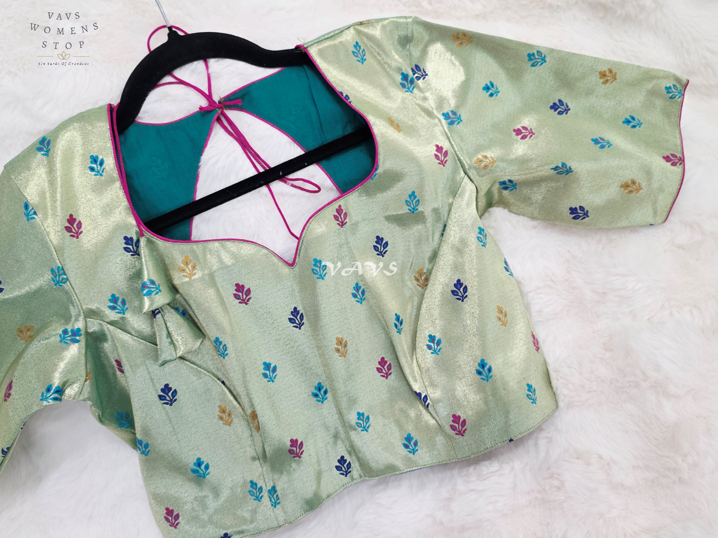 Royal Pistachio Mint Green Tissue Paithani Designer Blouse with Multicolor Buttas