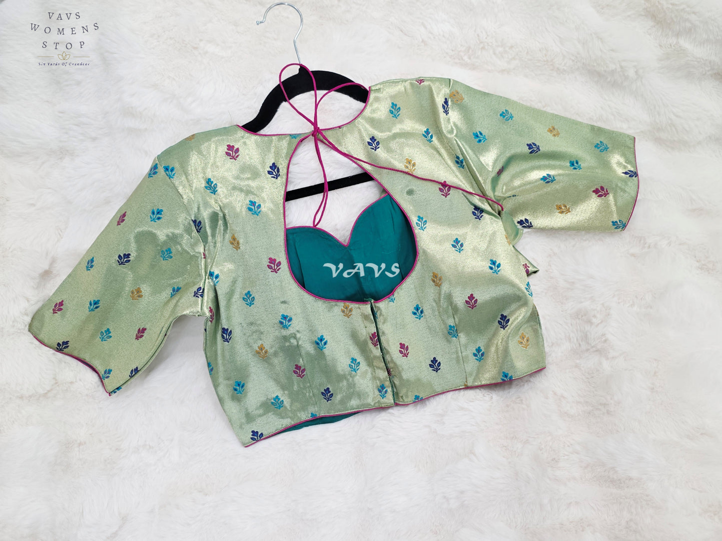 Royal Pistachio Mint Green Tissue Paithani Designer Blouse with Multicolor Buttas