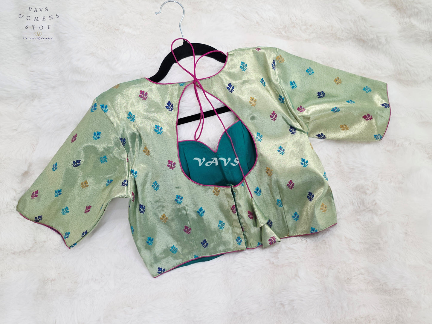Royal Pistachio Mint Green Tissue Paithani Designer Blouse with Multicolor Buttas