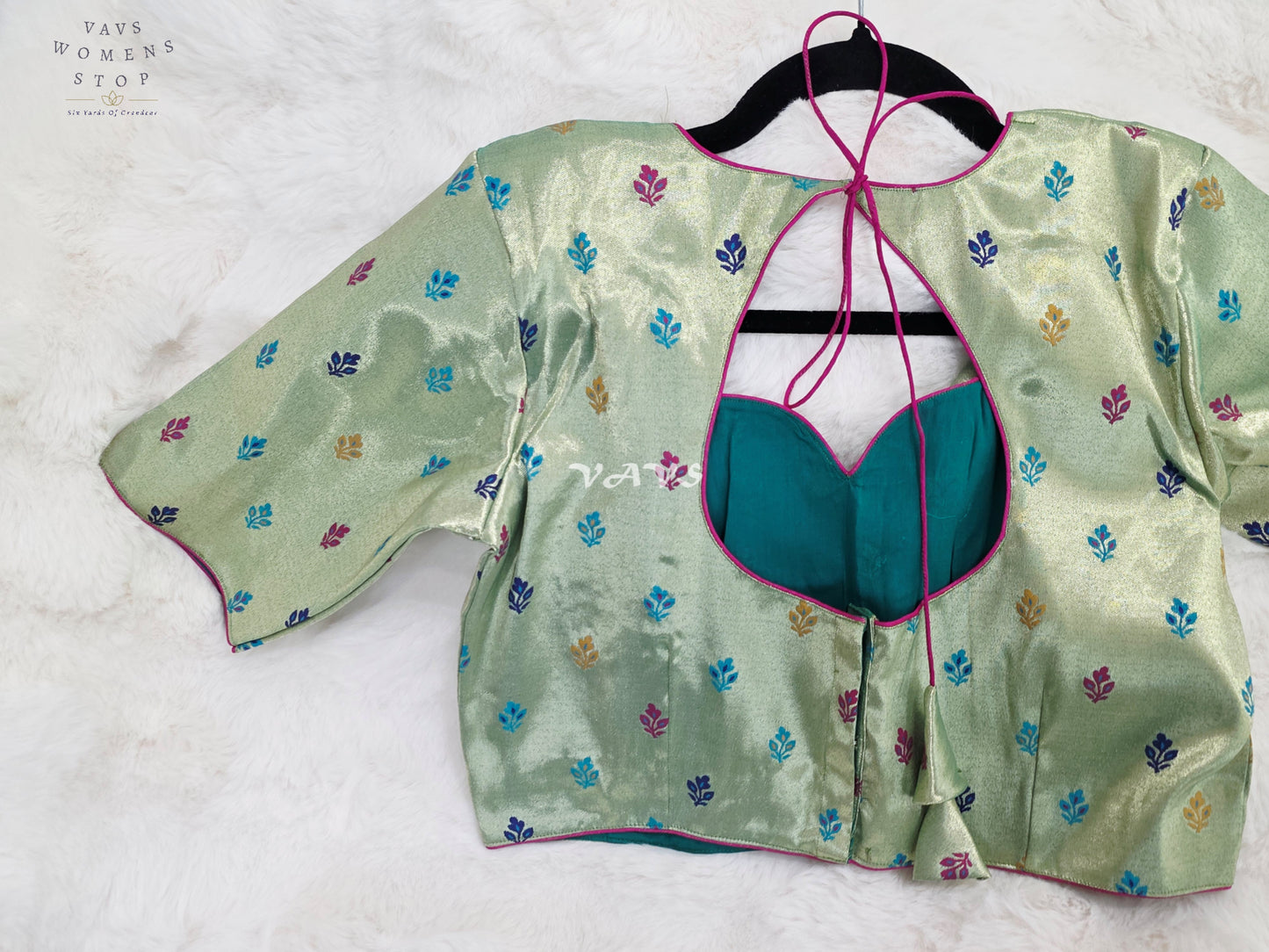 Royal Pistachio Mint Green Tissue Paithani Designer Blouse with Multicolor Buttas