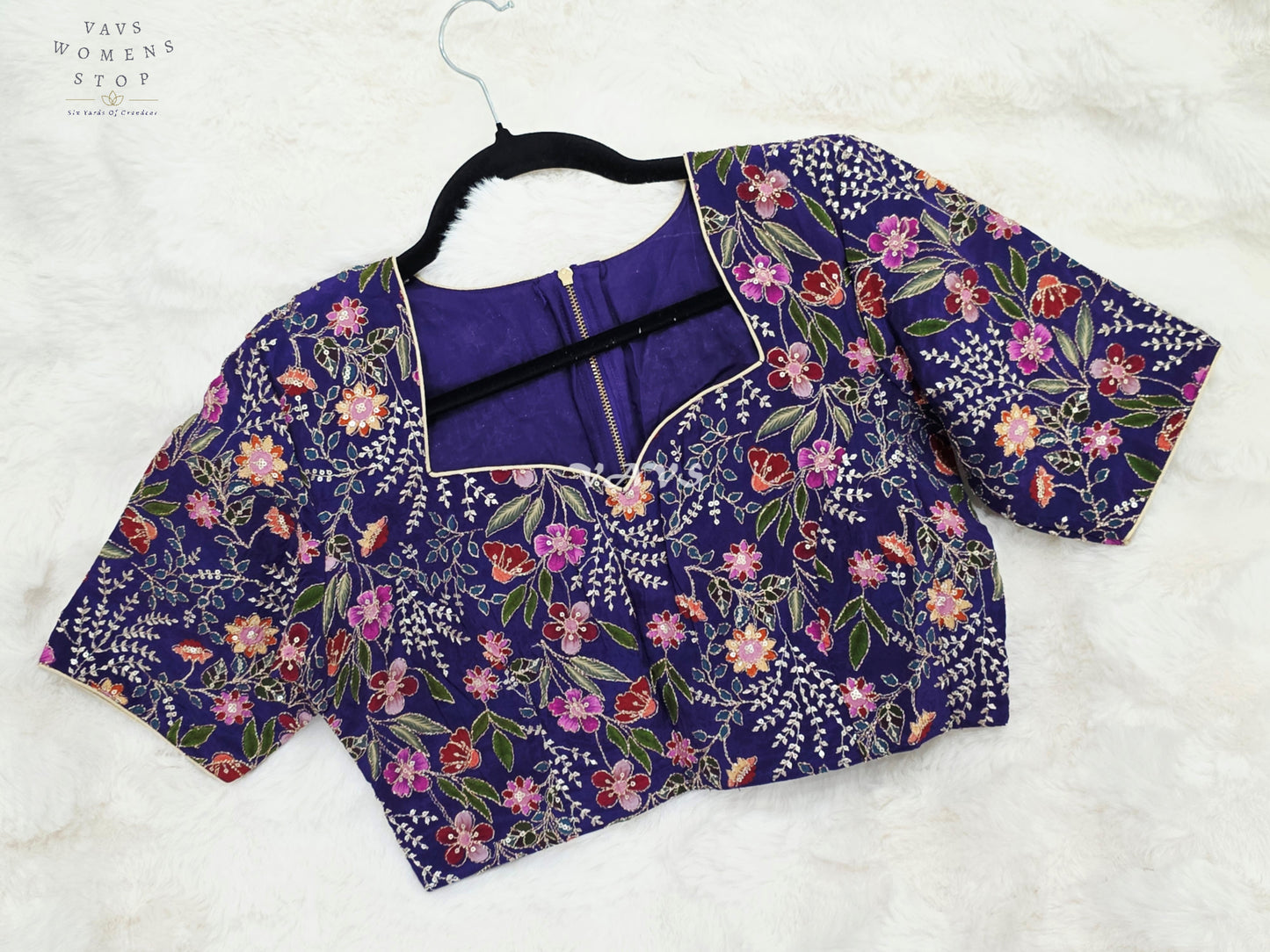 Regal Imperial Violet Chinon Silk Multicolor Floral Embroidered Designer Saree Blouse | Size 38-44