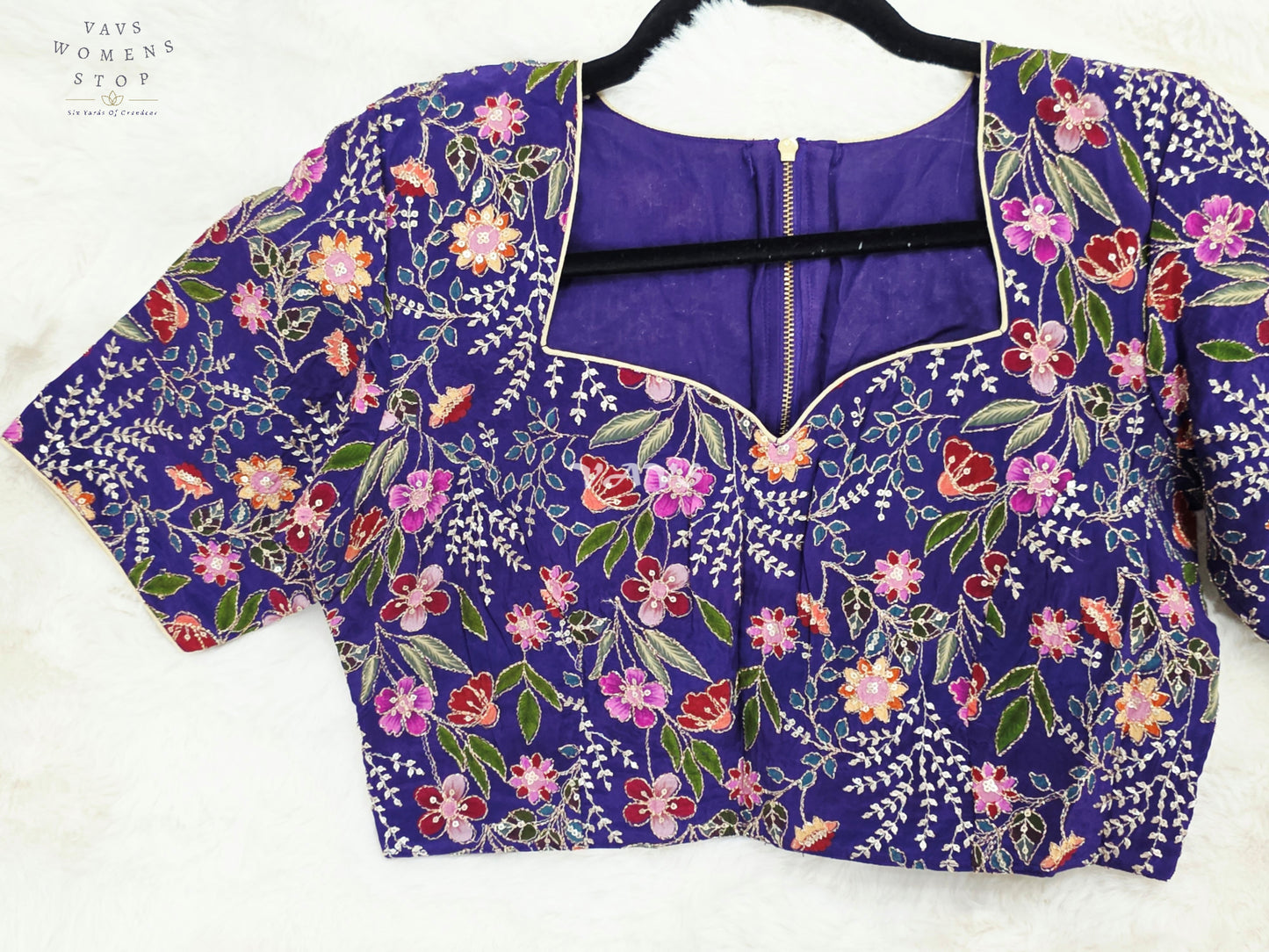 Regal Imperial Violet Chinon Silk Multicolor Floral Embroidered Designer Saree Blouse | Size 38-44