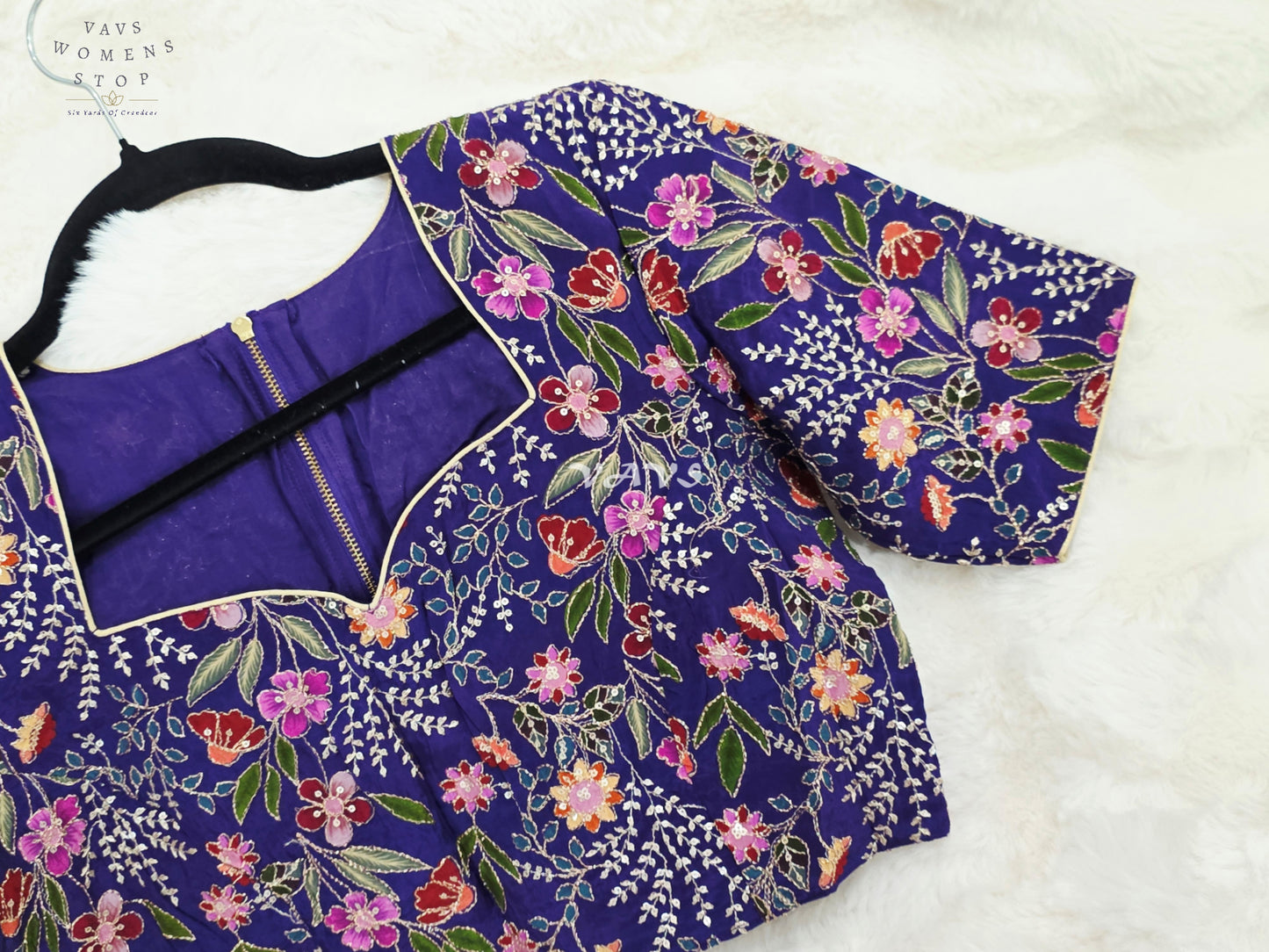 Regal Imperial Violet Chinon Silk Multicolor Floral Embroidered Designer Saree Blouse | Size 38-44
