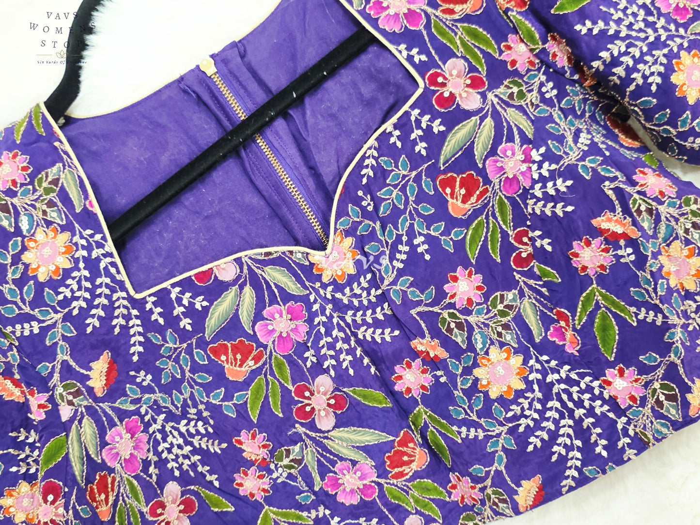 Regal Imperial Violet Chinon Silk Multicolor Floral Embroidered Designer Saree Blouse | Size 38-44