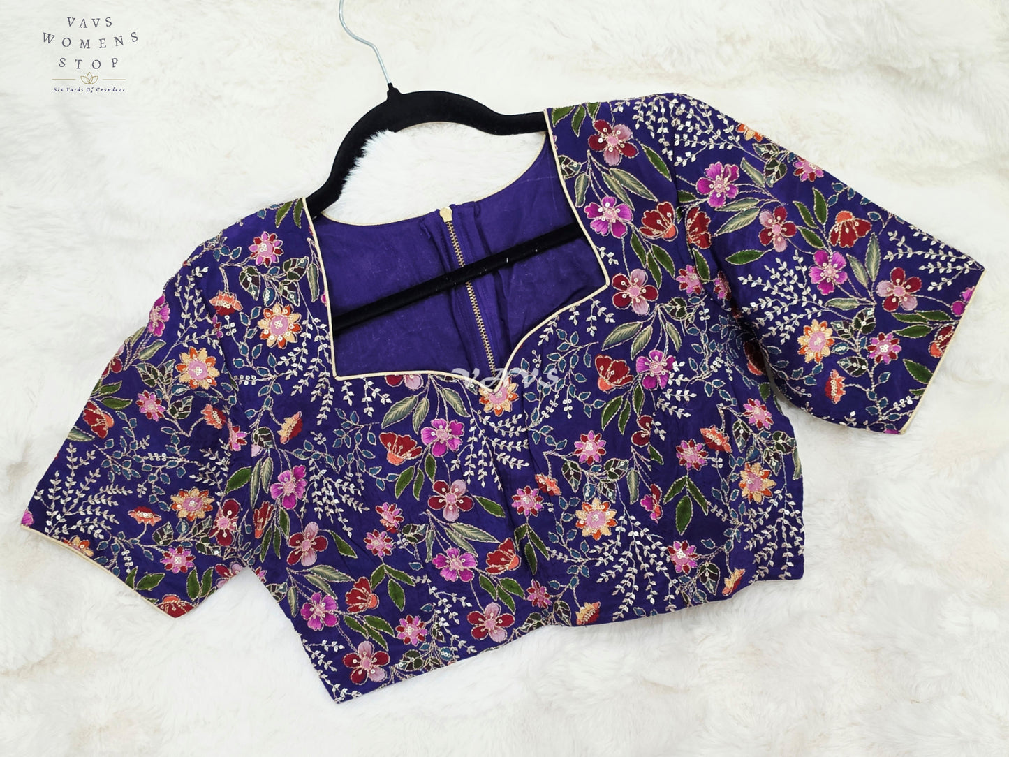 Regal Imperial Violet Chinon Silk Multicolor Floral Embroidered Designer Saree Blouse | Size 38-44