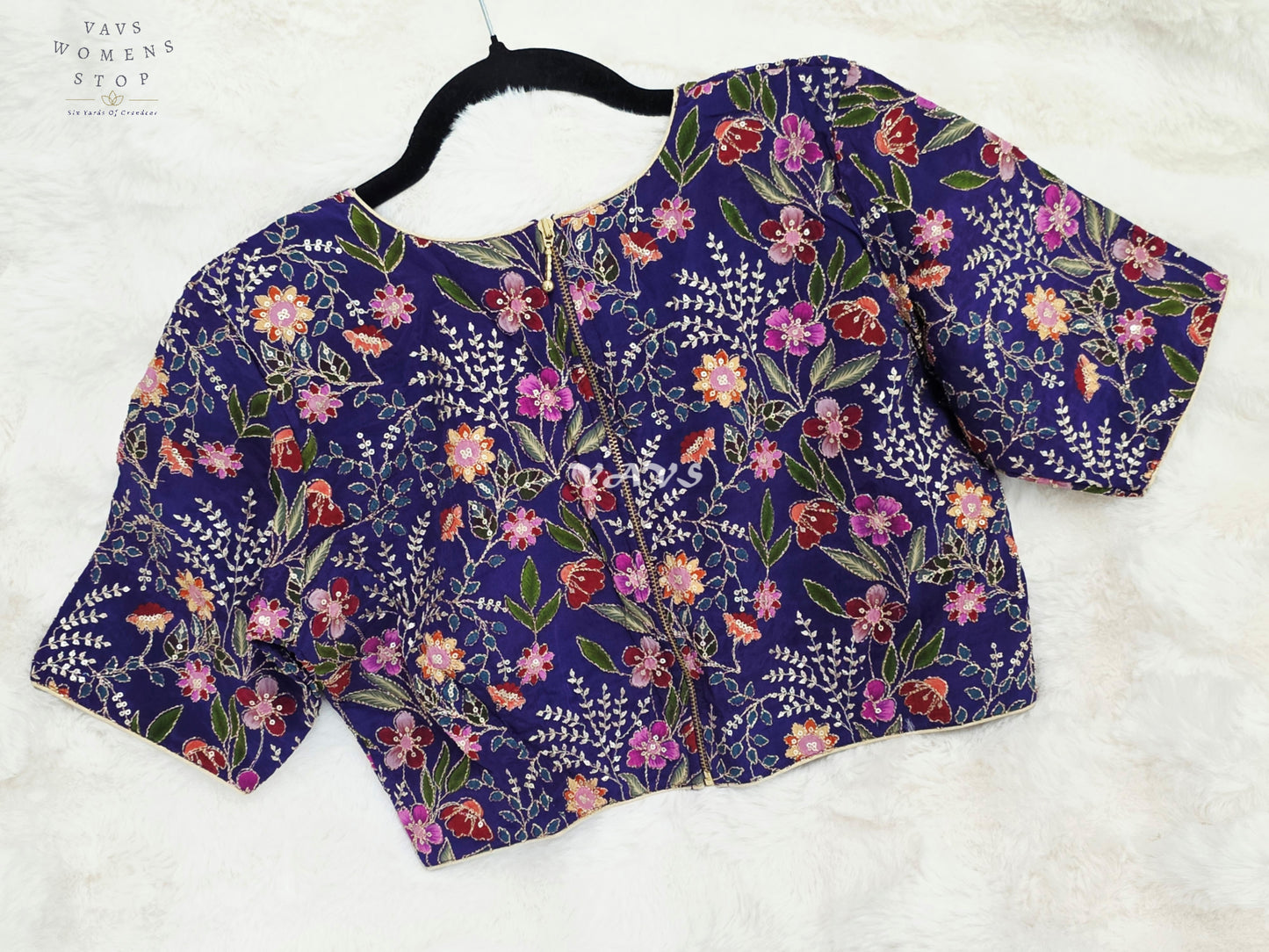 Regal Imperial Violet Chinon Silk Multicolor Floral Embroidered Designer Saree Blouse | Size 38-44