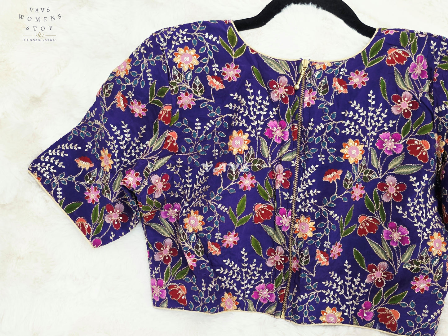 Regal Imperial Violet Chinon Silk Multicolor Floral Embroidered Designer Saree Blouse | Size 38-44