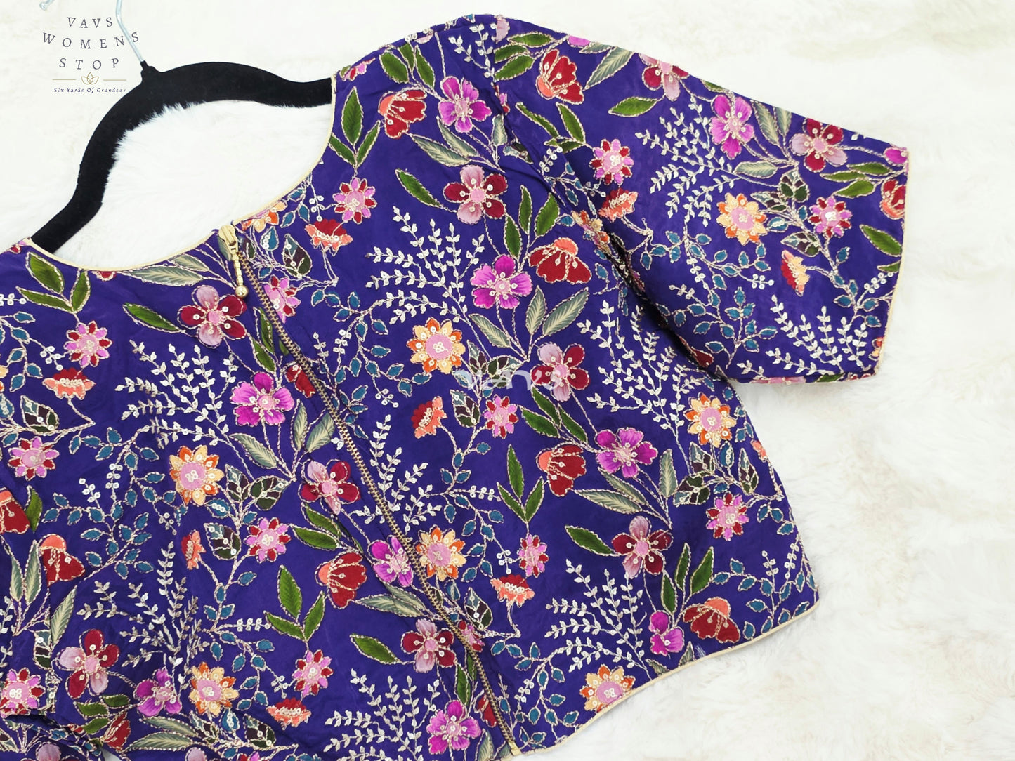 Regal Imperial Violet Chinon Silk Multicolor Floral Embroidered Designer Saree Blouse | Size 38-44