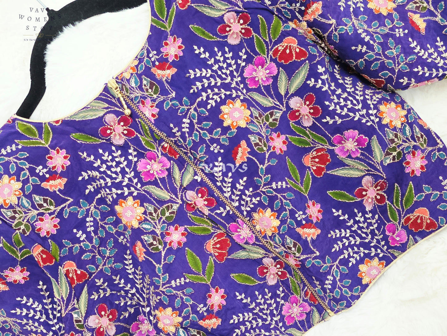 Regal Imperial Violet Chinon Silk Multicolor Floral Embroidered Designer Saree Blouse | Size 38-44