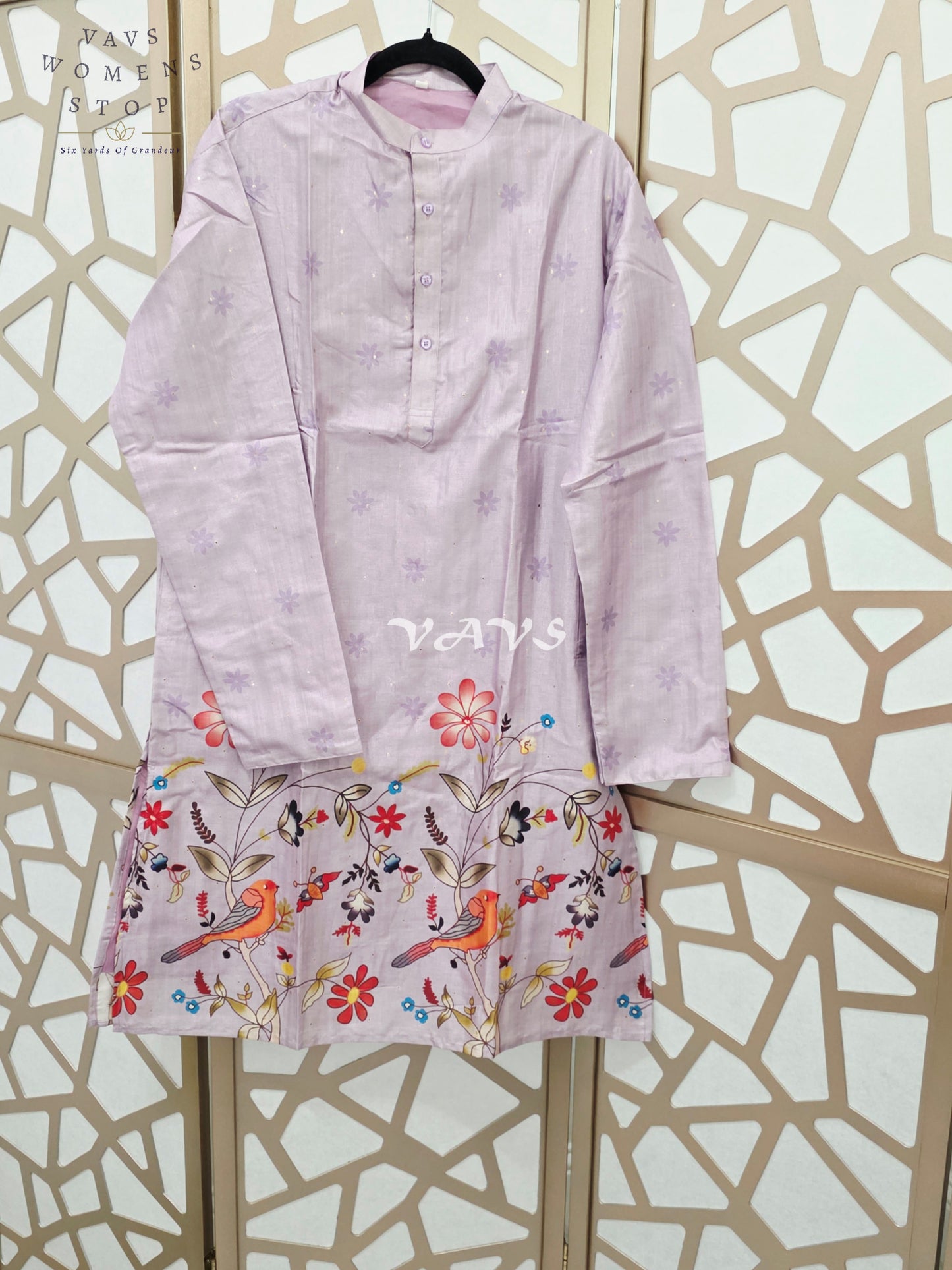 Regal Misty Lavender Tussar Silk Bird & Floral Print Men’s Tailored Kurta – Size Large