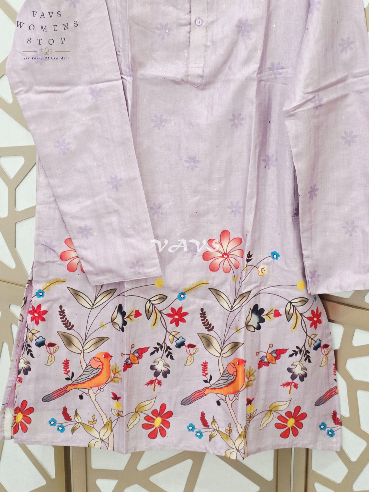 Regal Misty Lavender Tussar Silk Bird & Floral Print Men’s Tailored Kurta – Size Large
