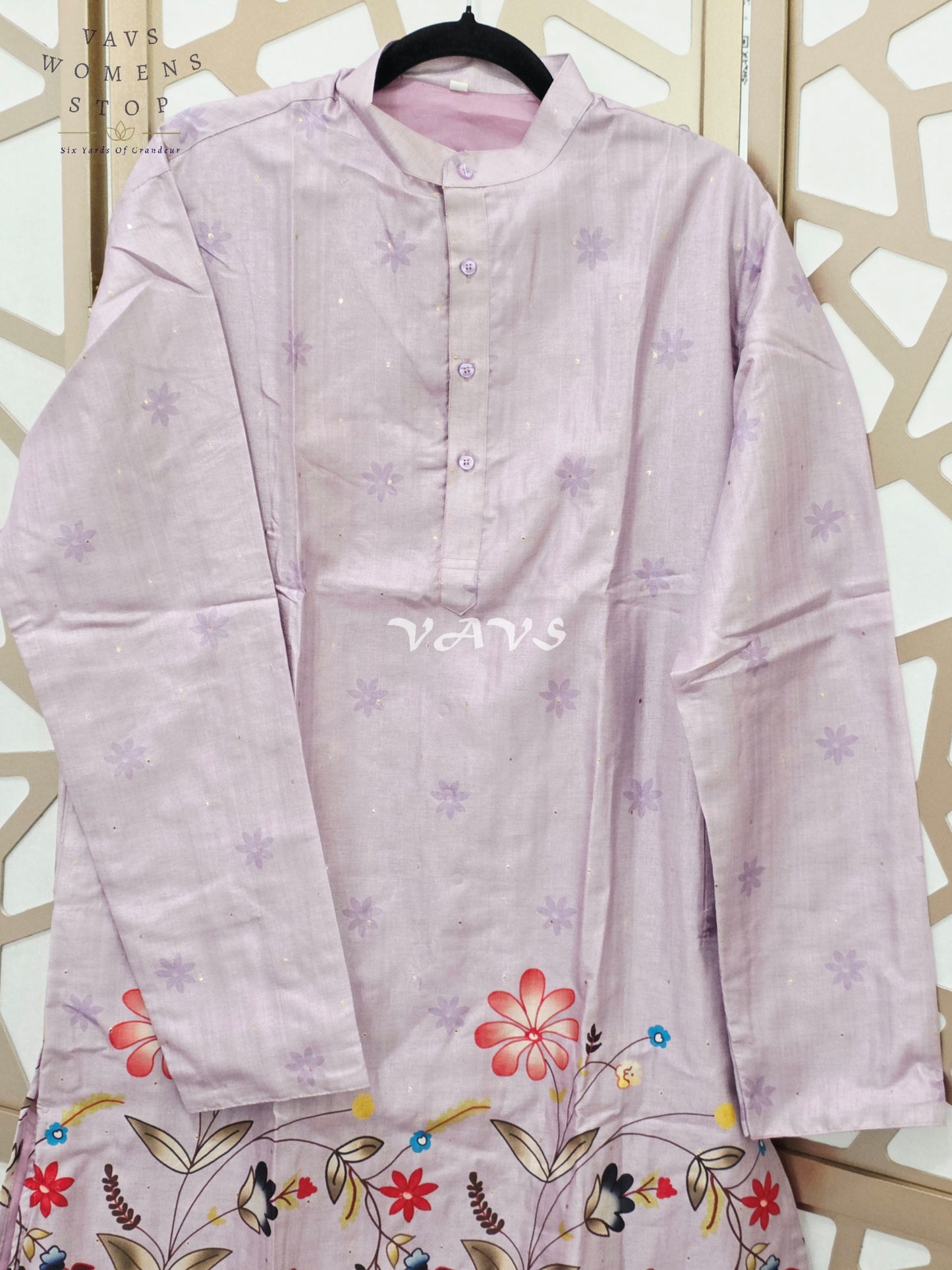 Regal Misty Lavender Tussar Silk Bird & Floral Print Men’s Tailored Kurta – Size Large