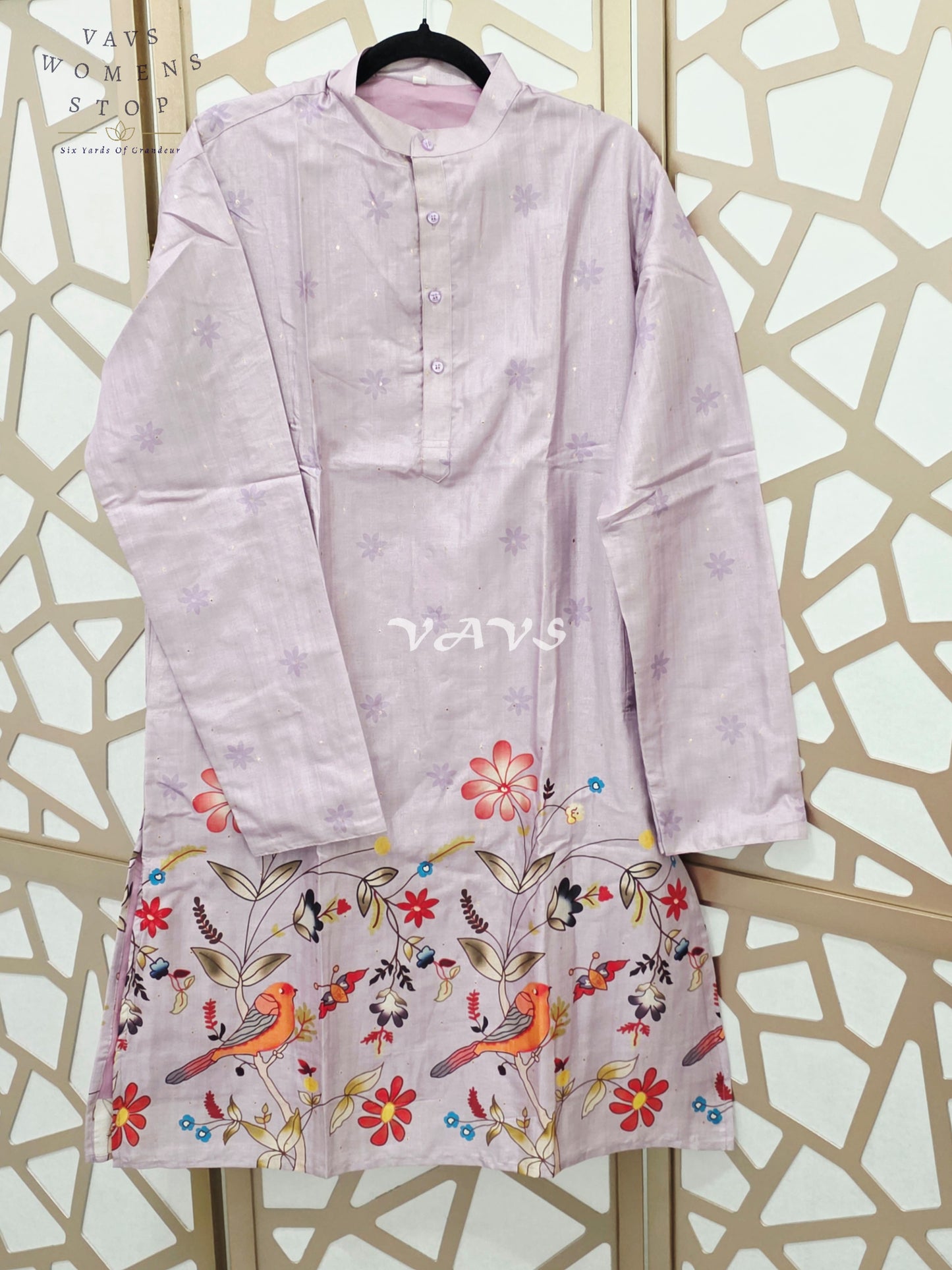 Regal Misty Lavender Tussar Silk Bird & Floral Print Men’s Tailored Kurta – Size Small