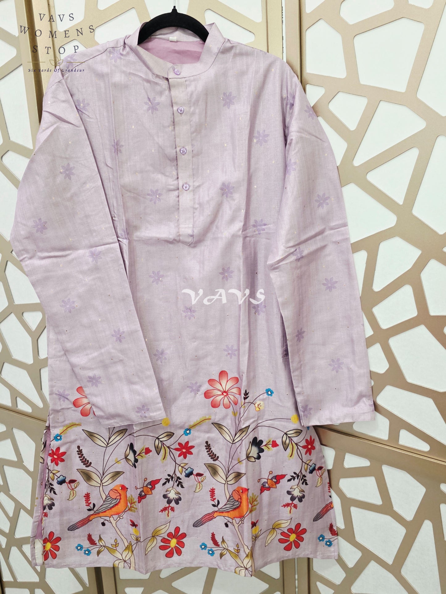 Regal Misty Lavender Tussar Silk Bird & Floral Print Men’s Tailored Kurta – Size Large