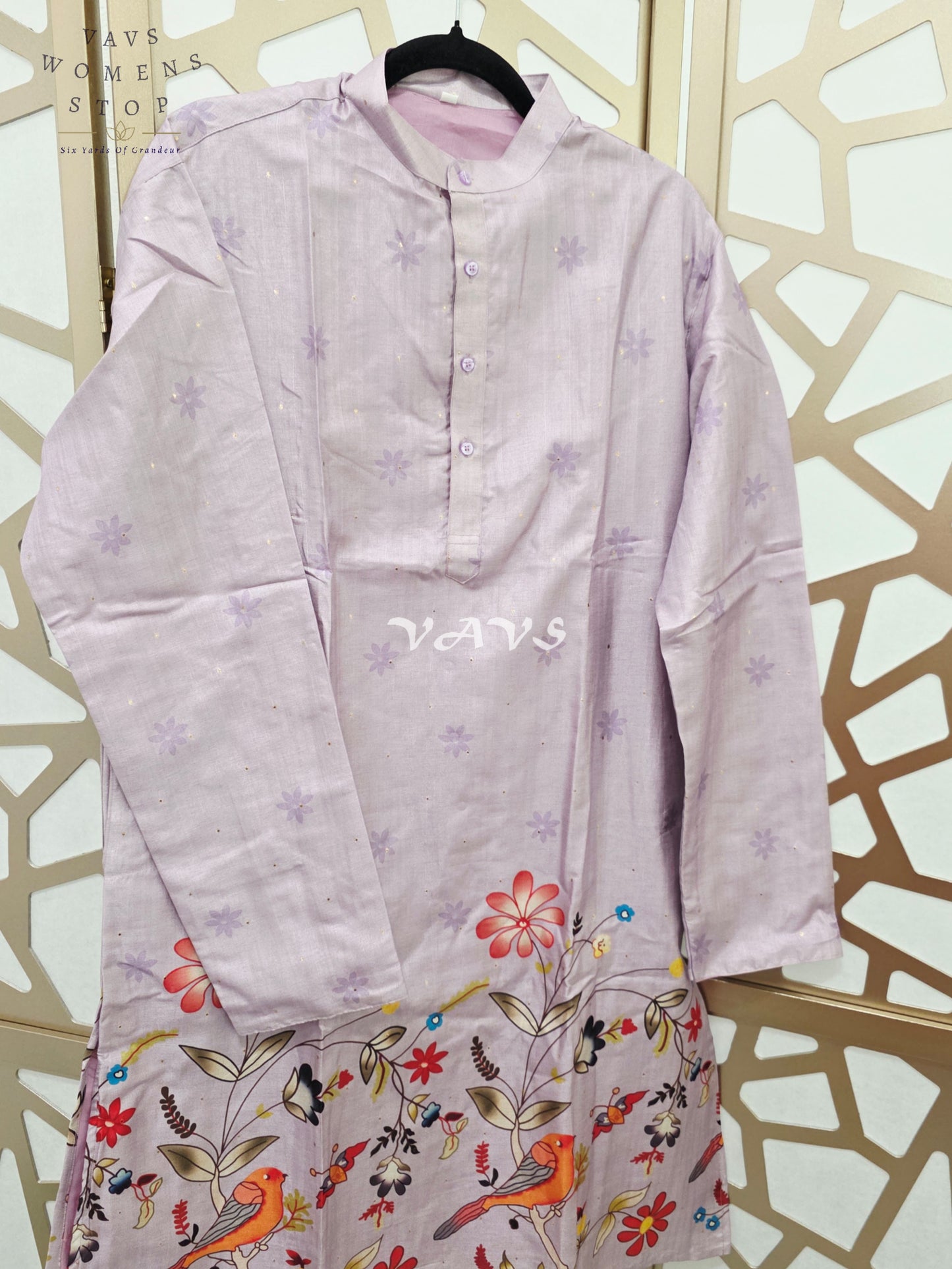 Regal Misty Lavender Tussar Silk Bird & Floral Print Men’s Tailored Kurta – Size Large