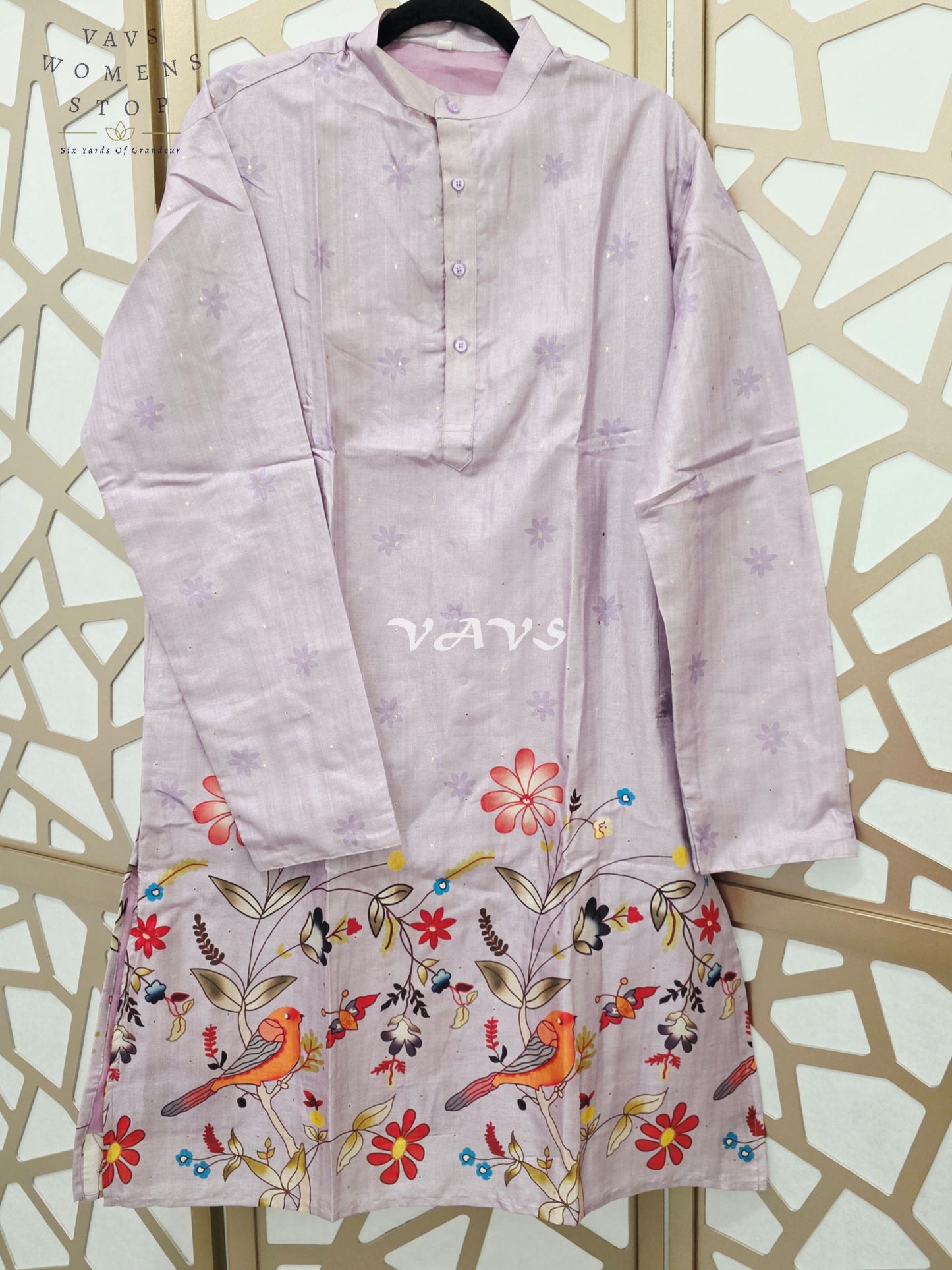 Regal Misty Lavender Tussar Silk Bird & Floral Print Men’s Tailored Kurta – Size Large