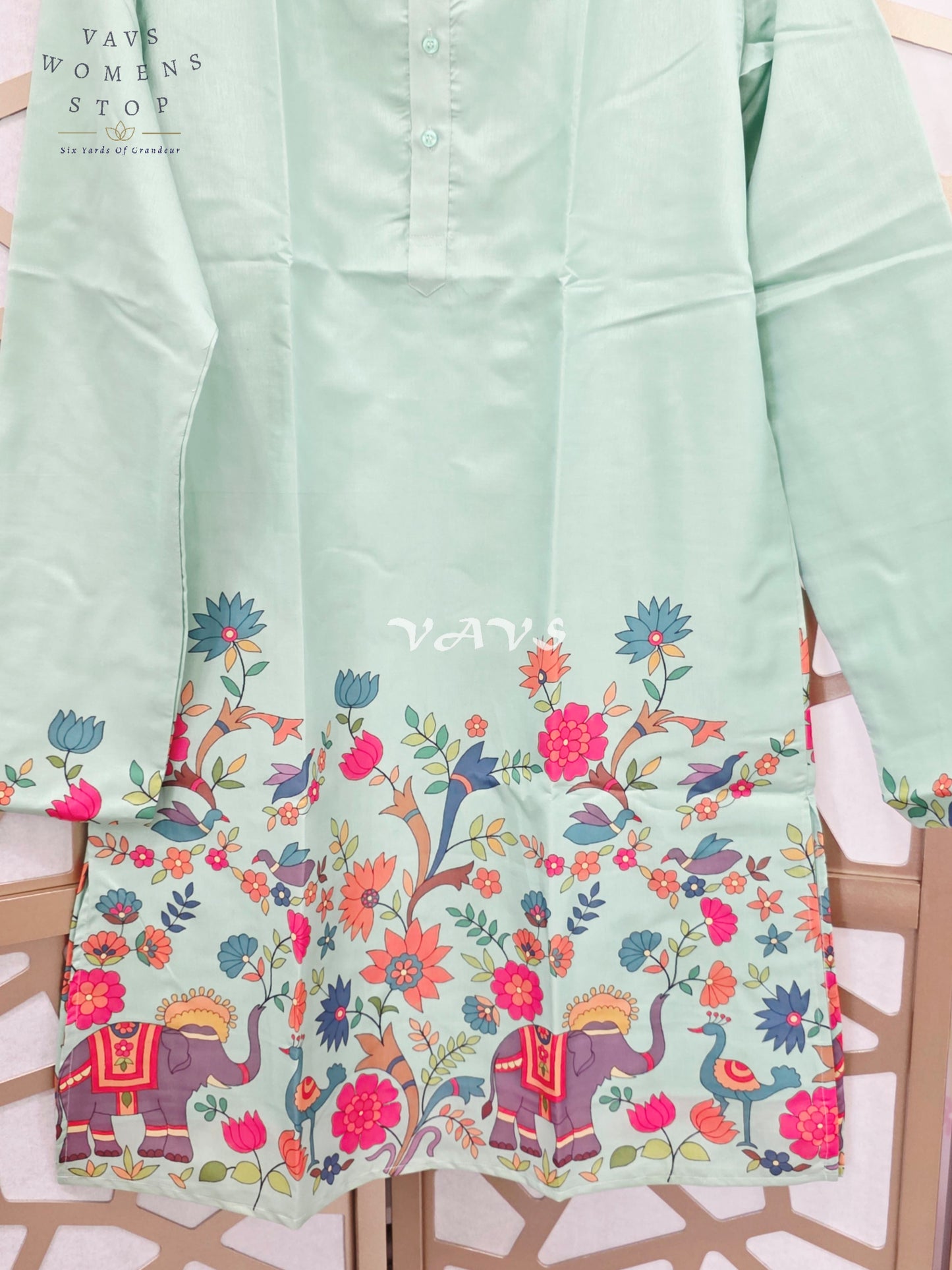 Regal Mint Green Tussar Silk Elephant, Peacock & Floral Print Men’s Tailored Kurta – Size Large