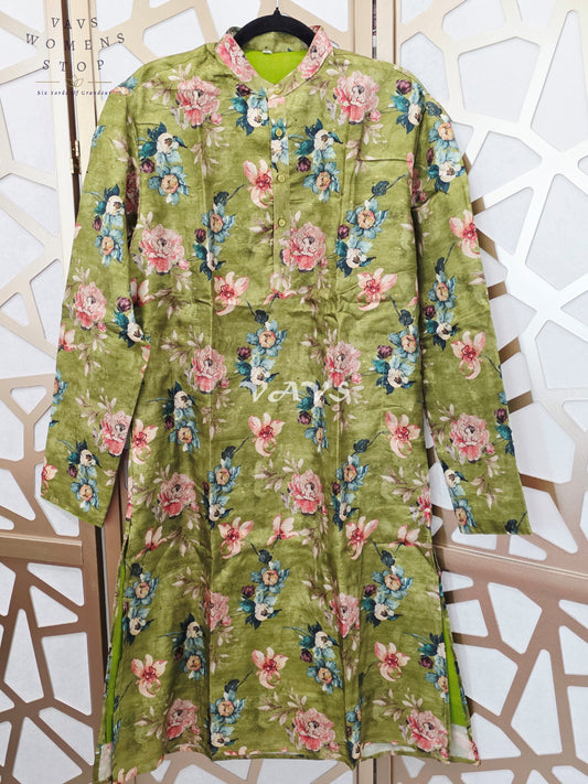 Regal Olive Green Soft Tussar Silk Floral Men’s Tailored Kurta – Size Large