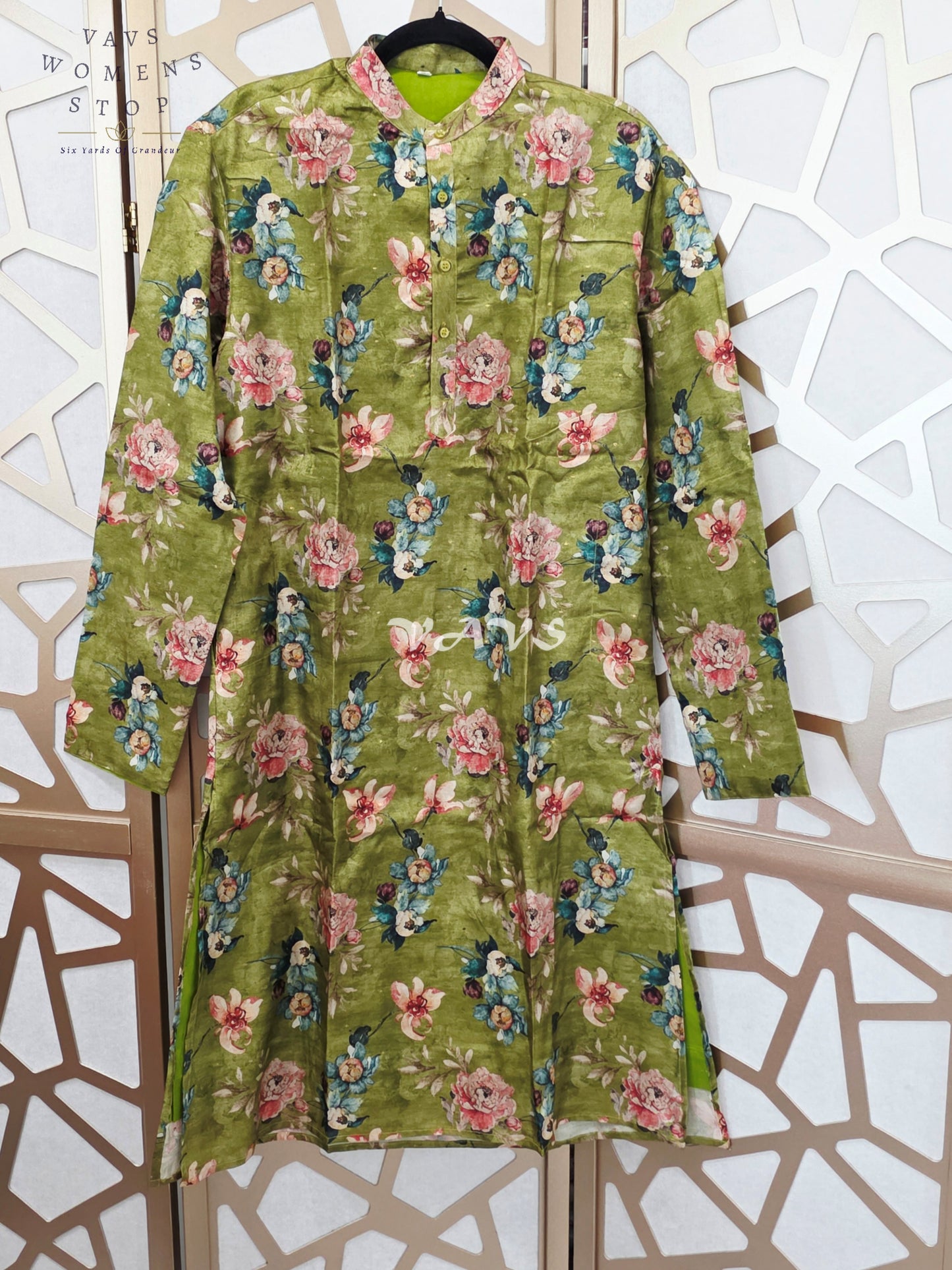 Regal Olive Green Soft Tussar Silk Floral Men’s Tailored Kurta – Size Large