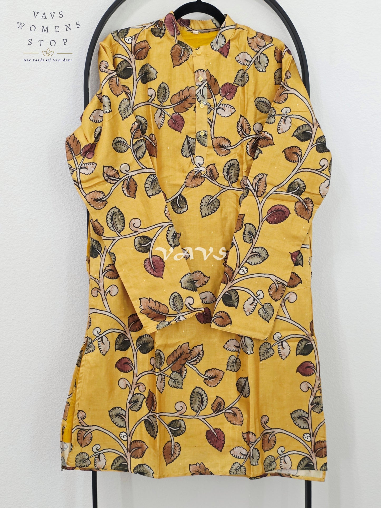 Royal Mustard Kalamkari Tussar Silk Men’s Tailored Kurta – Size Large