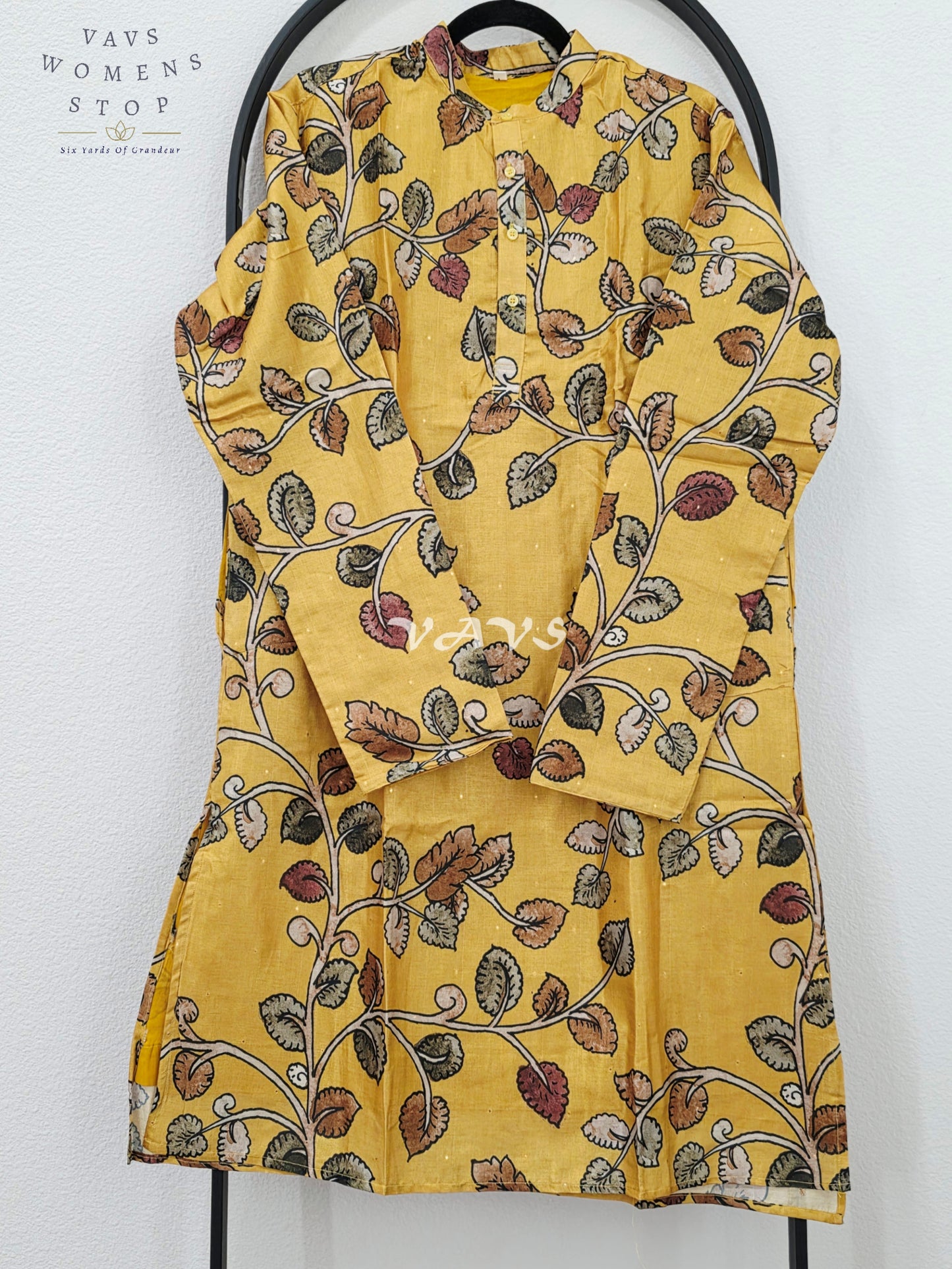 Royal Mustard Kalamkari Tussar Silk Men’s Tailored Kurta – Size Large