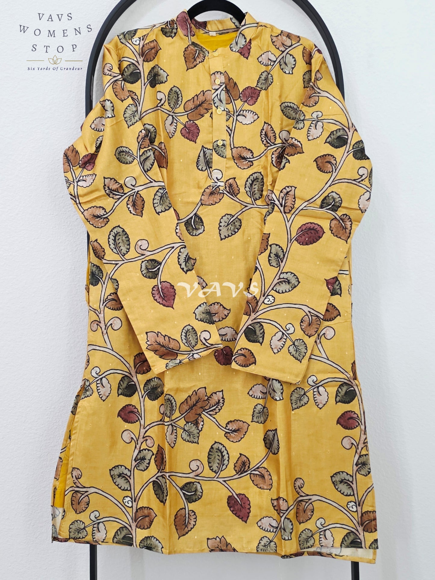 Royal Mustard Kalamkari Tussar Silk Men’s Tailored Kurta – Size Large