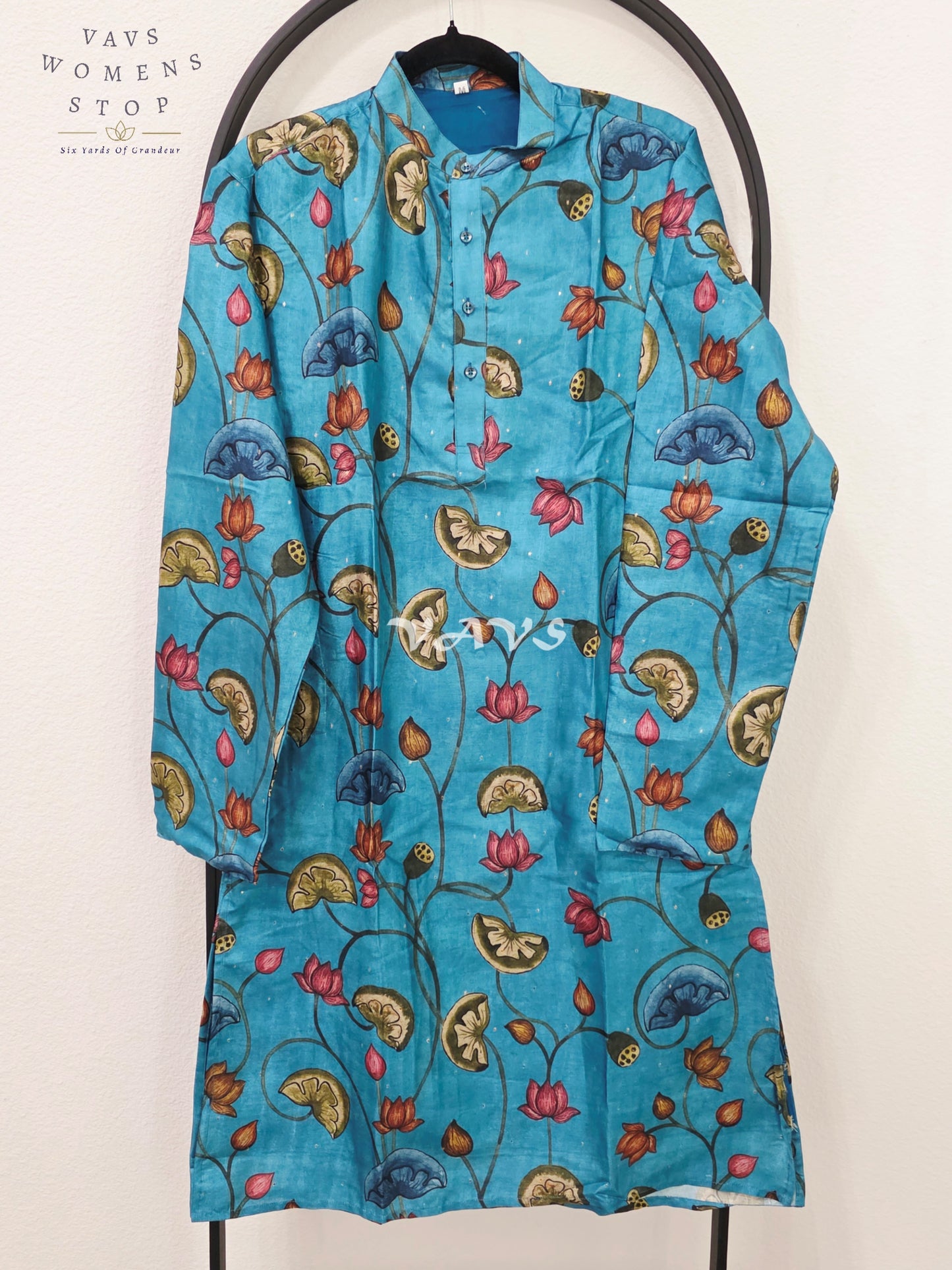 Royal Turquoise Blue Kalamkari Lotus Tussar Silk Men’s Tailored Kurta – Size Medium