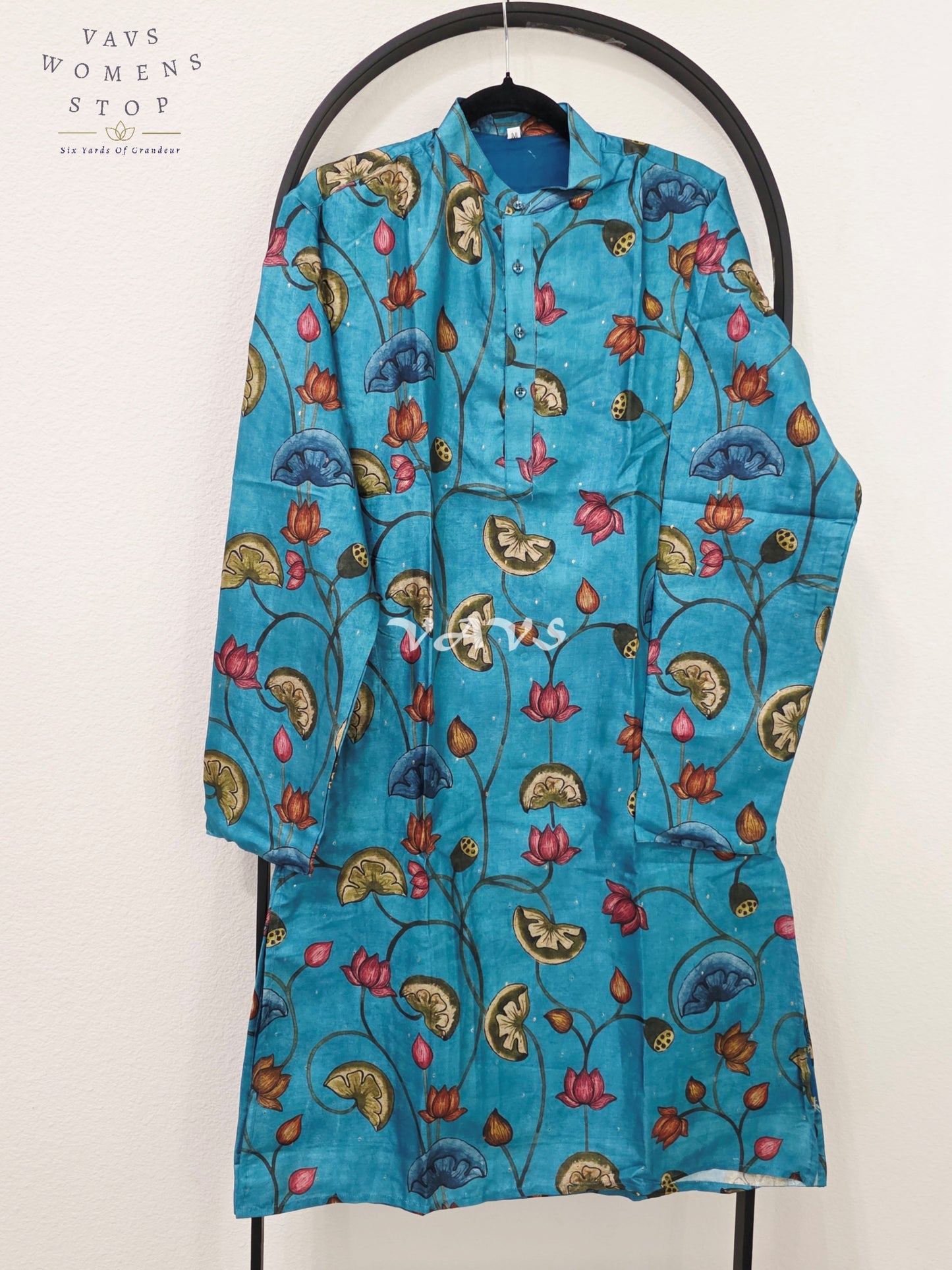 Royal Turquoise Blue Kalamkari Lotus Tussar Silk Men’s Tailored Kurta – Size Medium