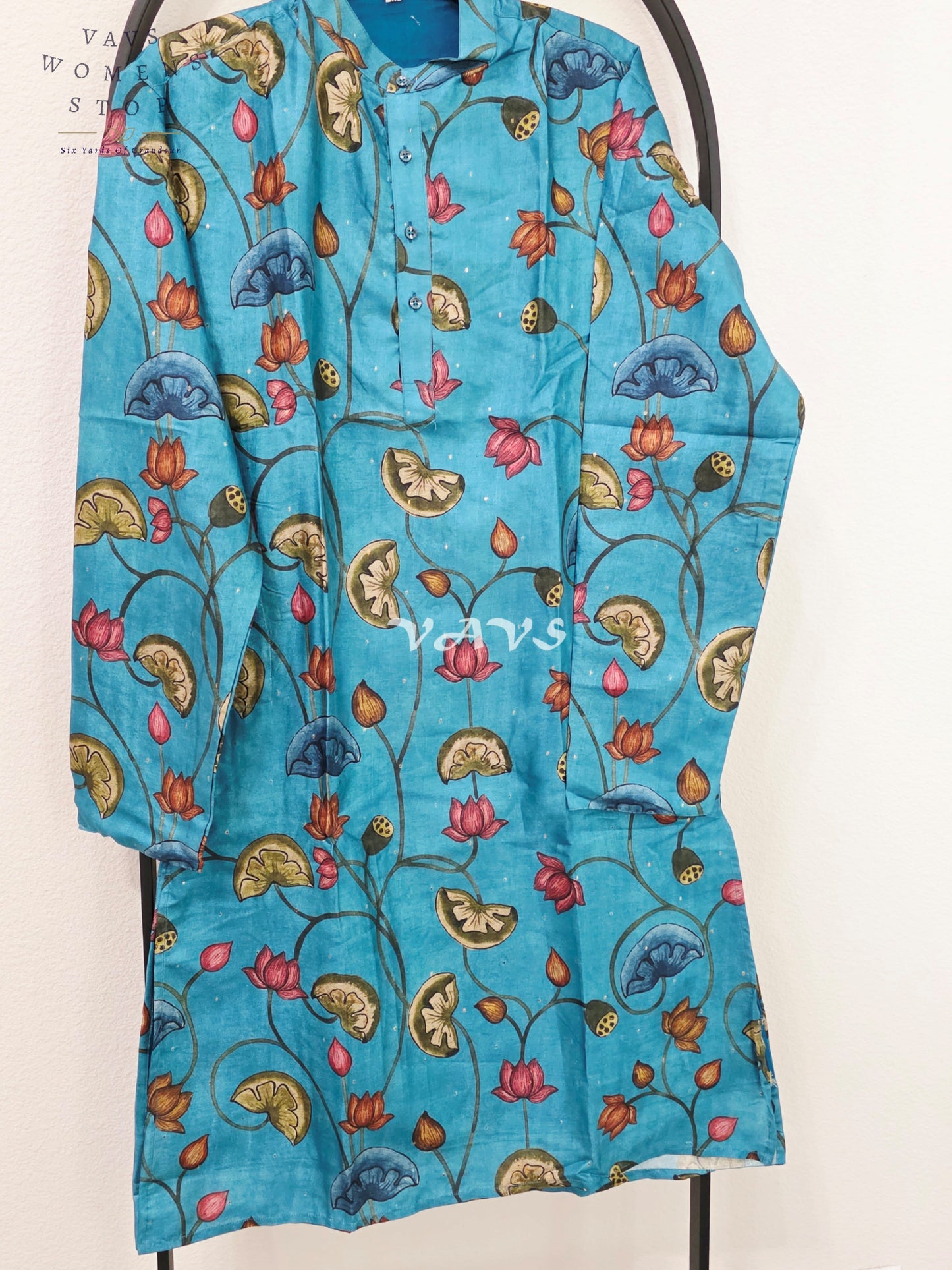 Royal Turquoise Blue Kalamkari Lotus Tussar Silk Men’s Tailored Kurta – Size Medium