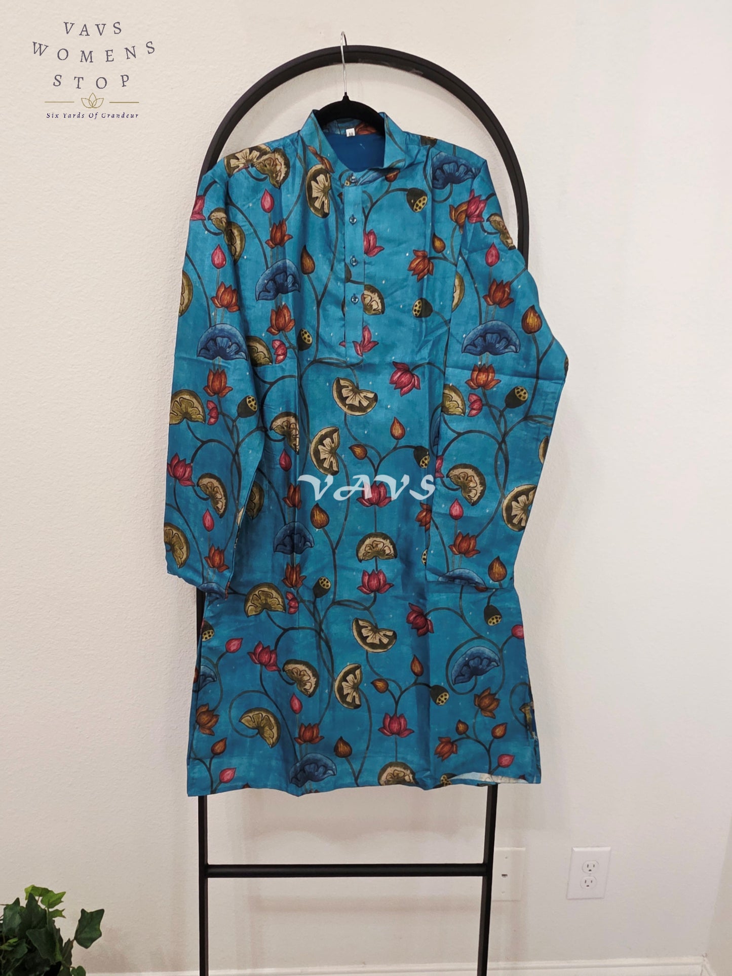 Royal Turquoise Blue Kalamkari Lotus Tussar Silk Men’s Tailored Kurta – Size Medium