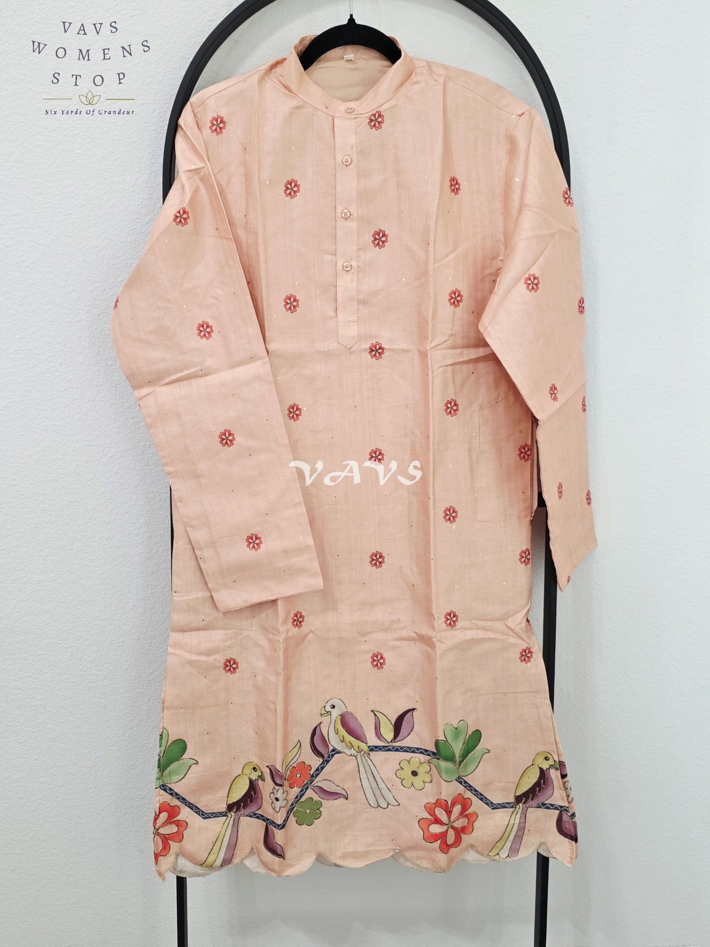 Regal Blush Peach Soft Tussar Silk Men’s Bird & Floral Embroidered Tailored Kurta – Size Medium