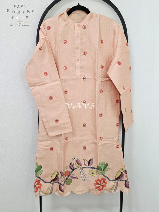 Regal Blush Peach Soft Tussar Silk Men’s Bird & Floral Embroidered Tailored Kurta – Size Medium