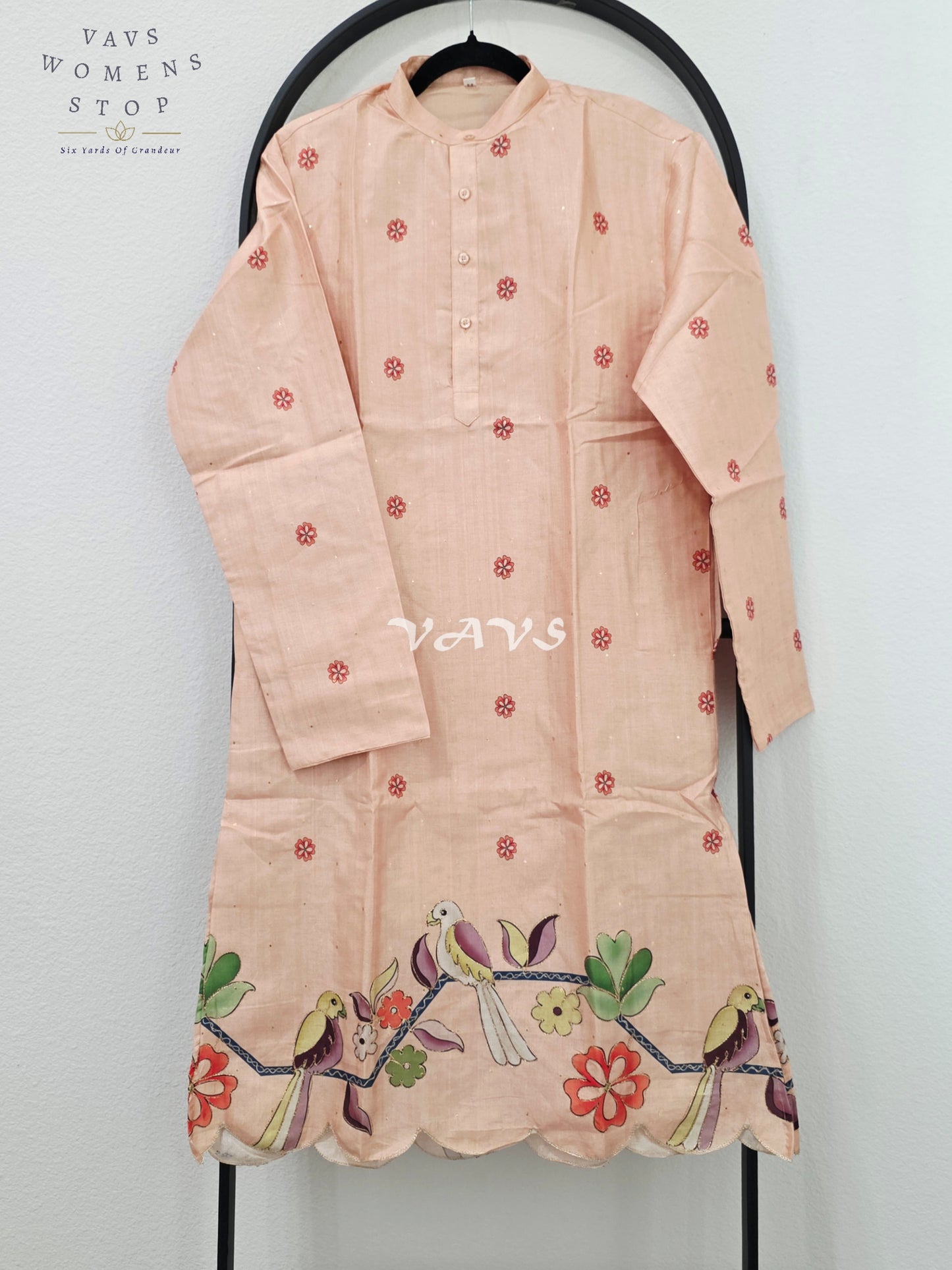 Regal Blush Peach Soft Tussar Silk Men’s Bird & Floral Embroidered Tailored Kurta – Size Medium
